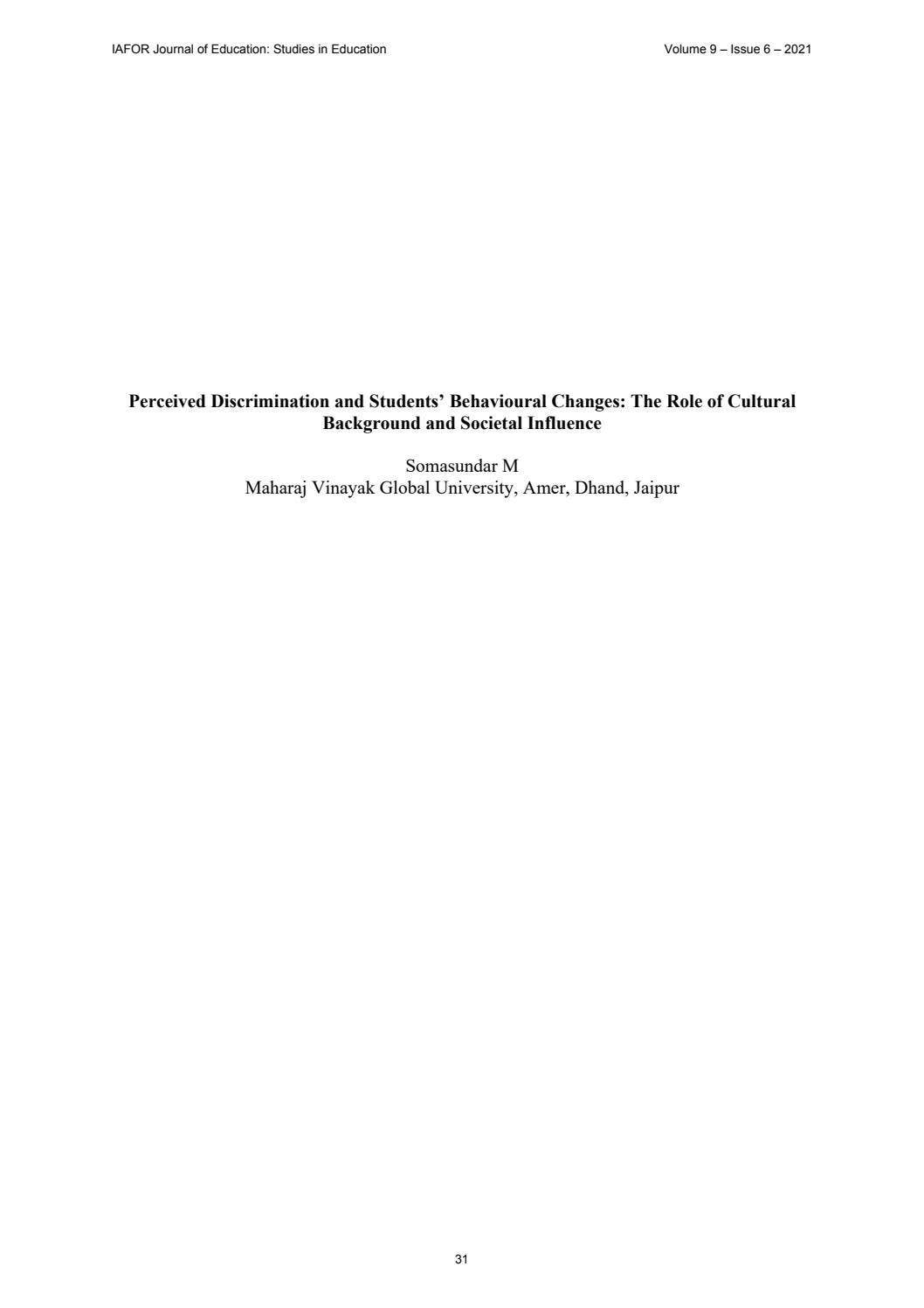 IAFOR Journal of Education – Volume 9 – Issue 6 – Studies in Education ...