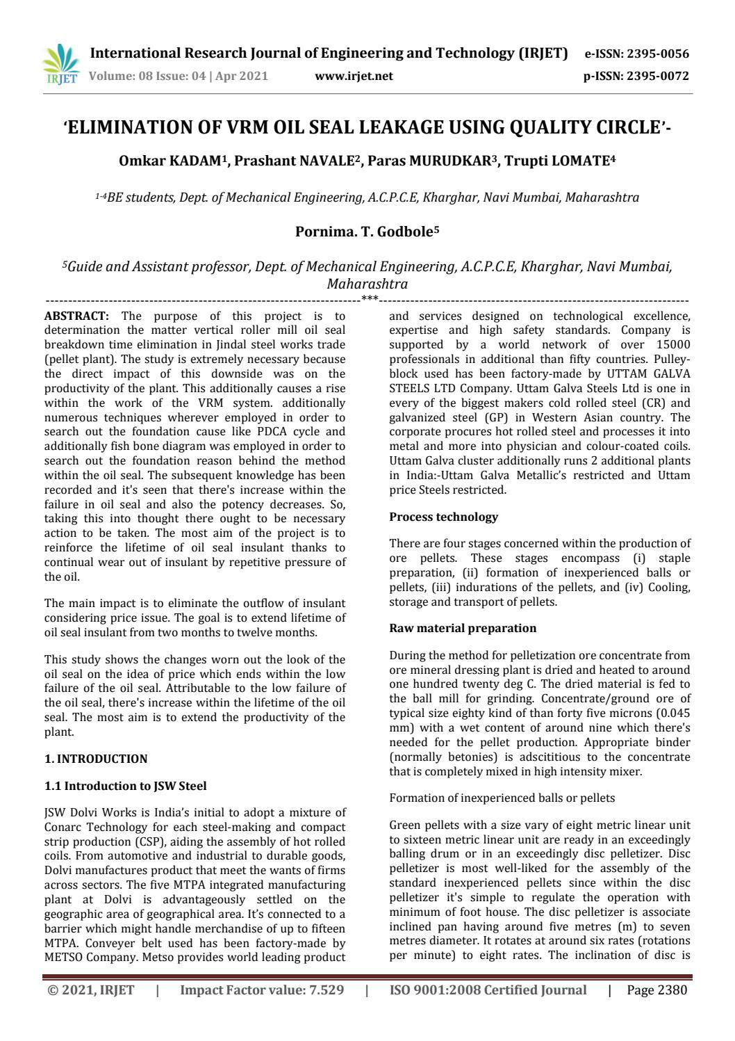 IRJET Elimination of VRM Oil Seal Leakage using Quality Circle by