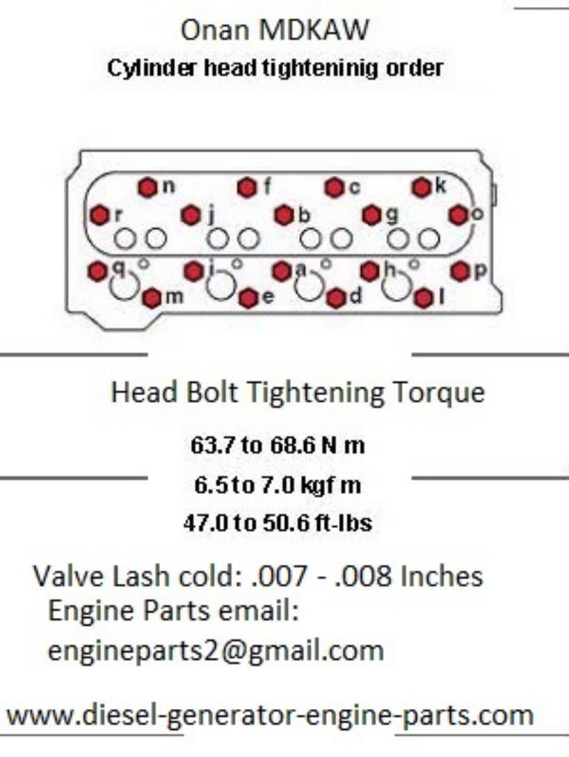 Onan Diesel Generator Onan MDKAW Head bolt tightening torque, valve