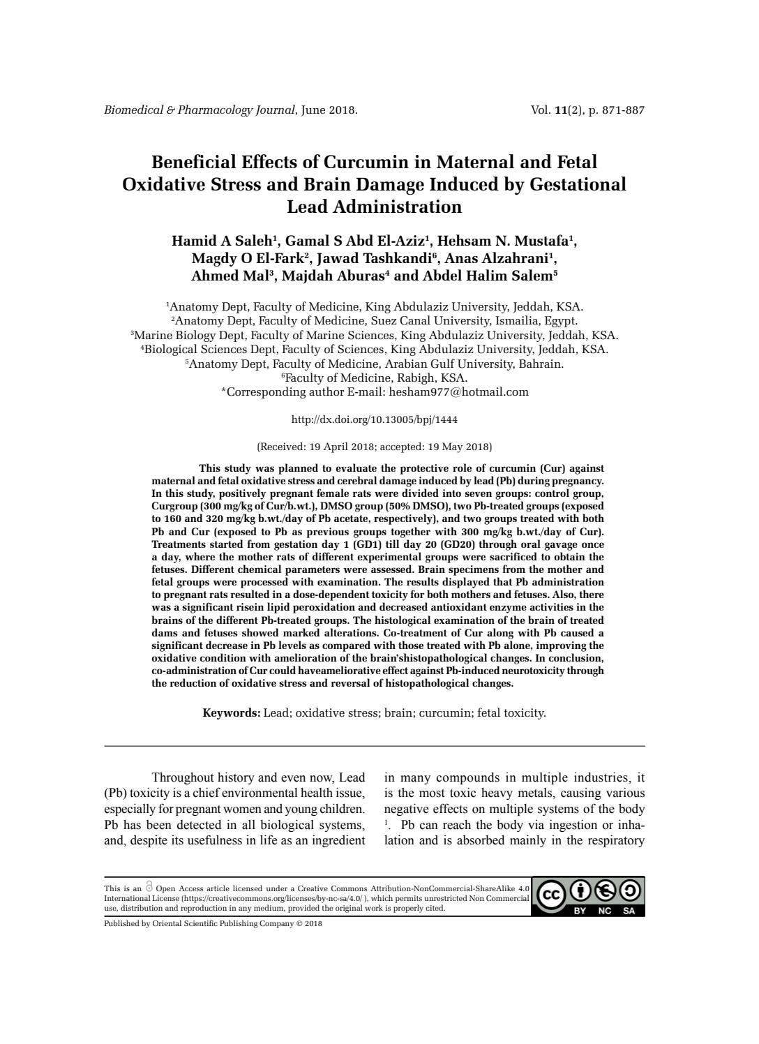 Beneficial effect of Curcumin in Maternal and Fetal Oxidative Stress ...