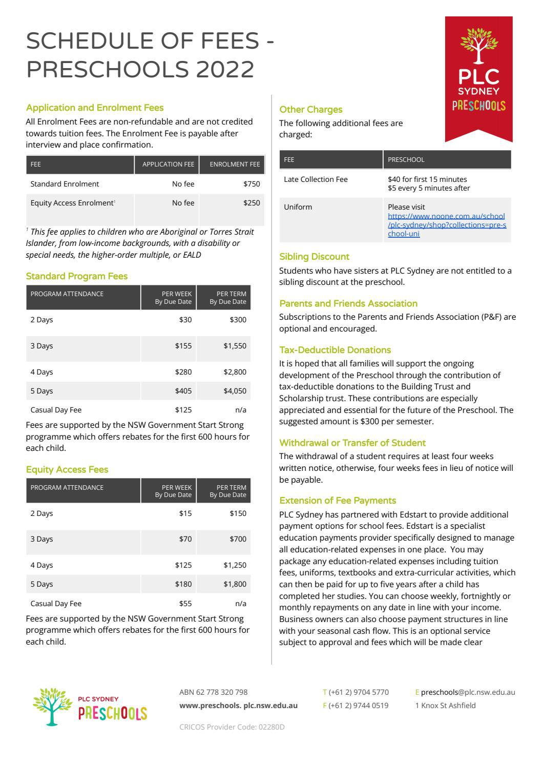 PLC Sydney Preschools Fee Schedule 2022 by PLC Sydney Issuu