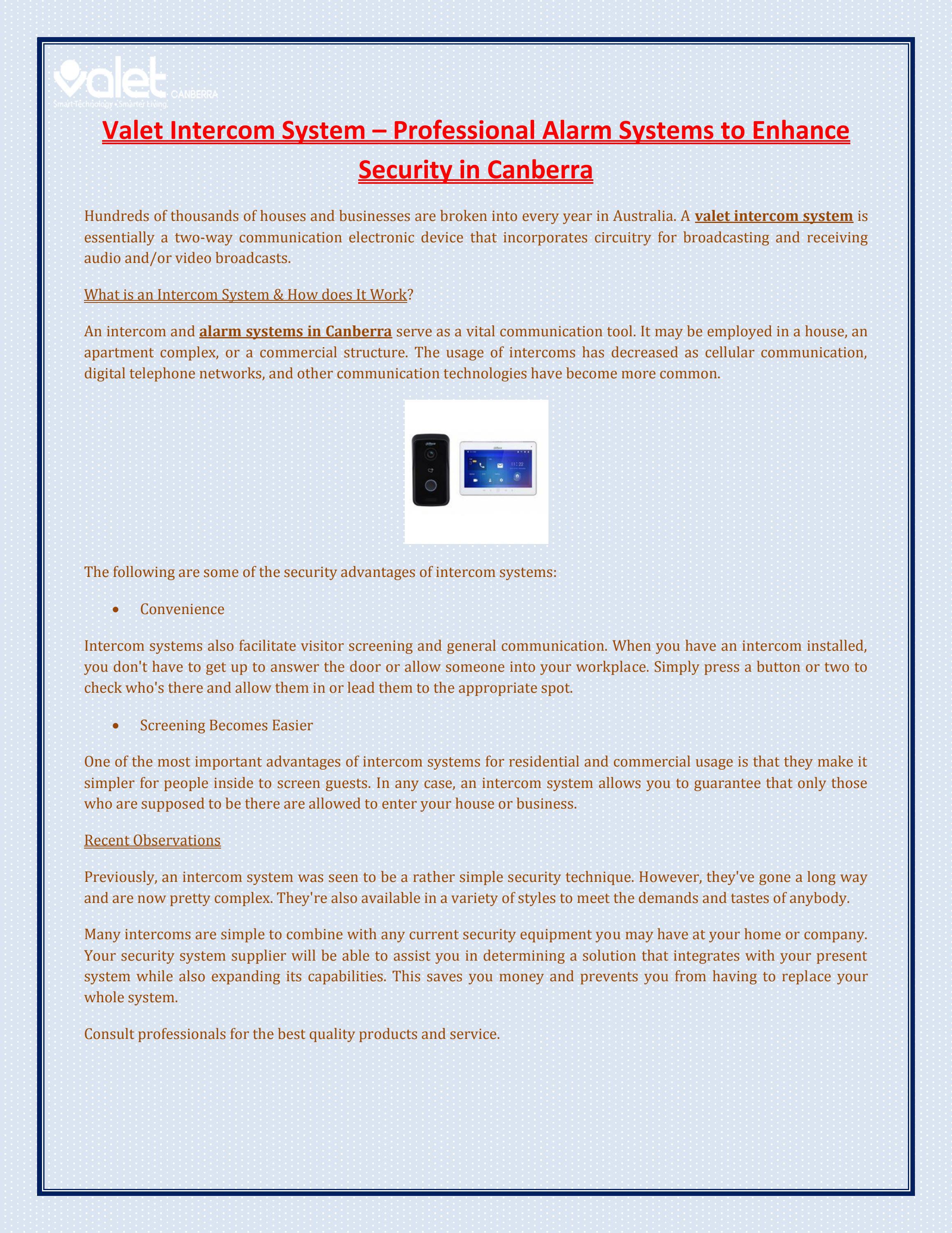 Valet System Professional Alarm Systems to Enhance Security