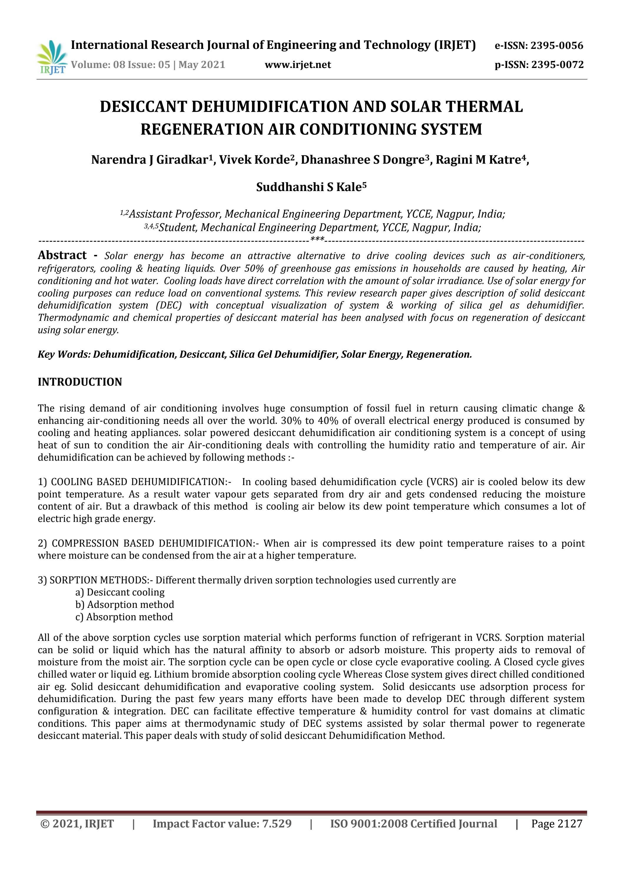 IRJET Desiccant Dehumidification and Solar Thermal Regeneration Air