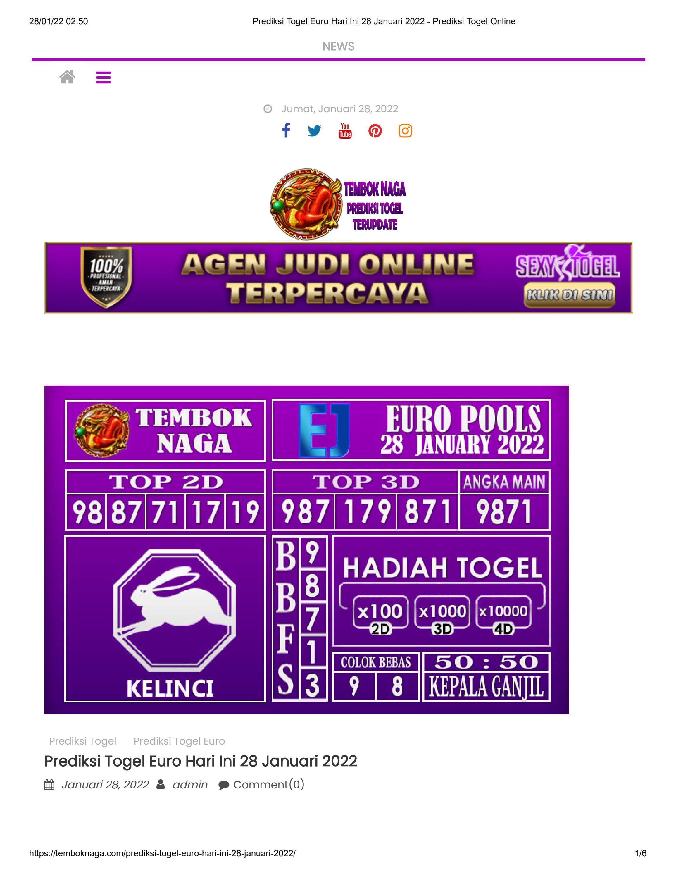 Prediksi Togel Euro Hari Ini 28 Januari 2022 - Sexytogel By Sexytogel -  Issuu
