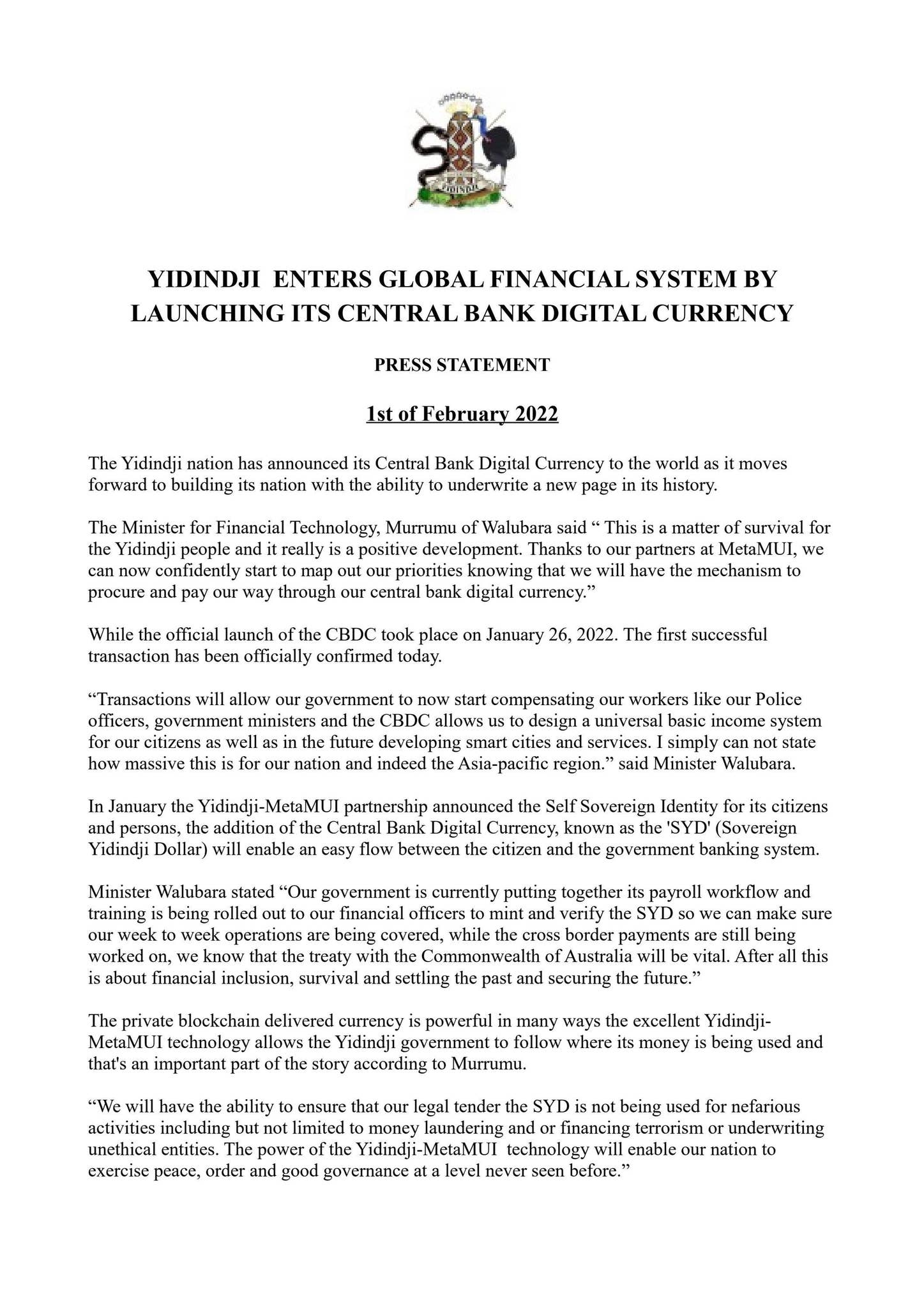 Press Release Central Bank Digital Currency 1 Feb 2022 by Sovereign  ©Yidindji™ Government - Issuu