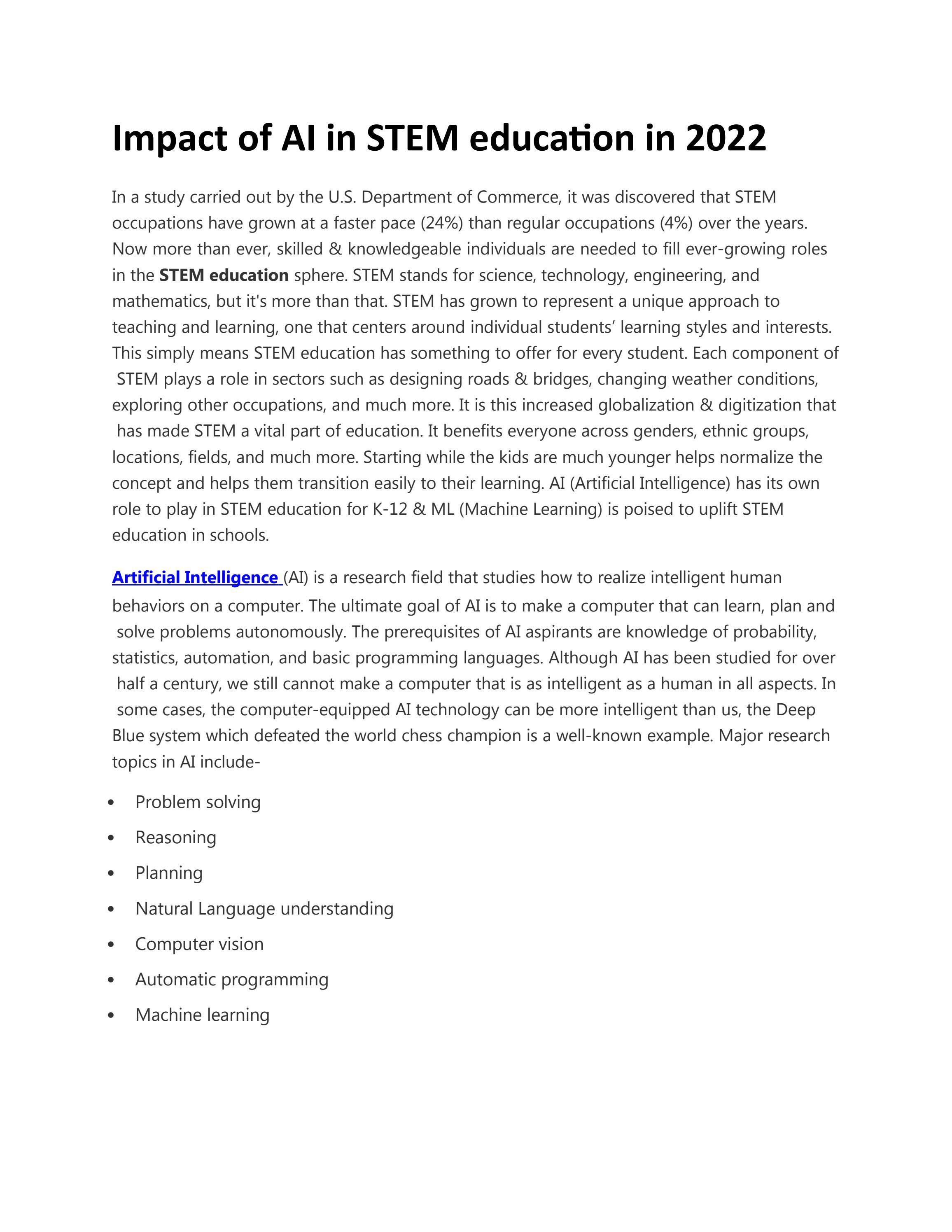 Impact of AI in STEM education in 2022 by United States Artificial Intelligence Institute (USAII