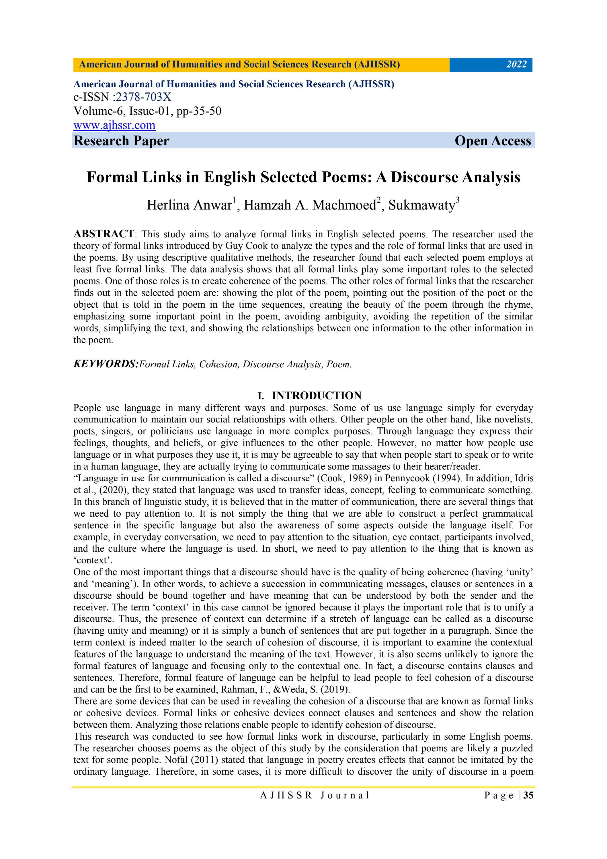 Formal Links in English Selected Poems: A Discourse Analysis by ajhssr ...