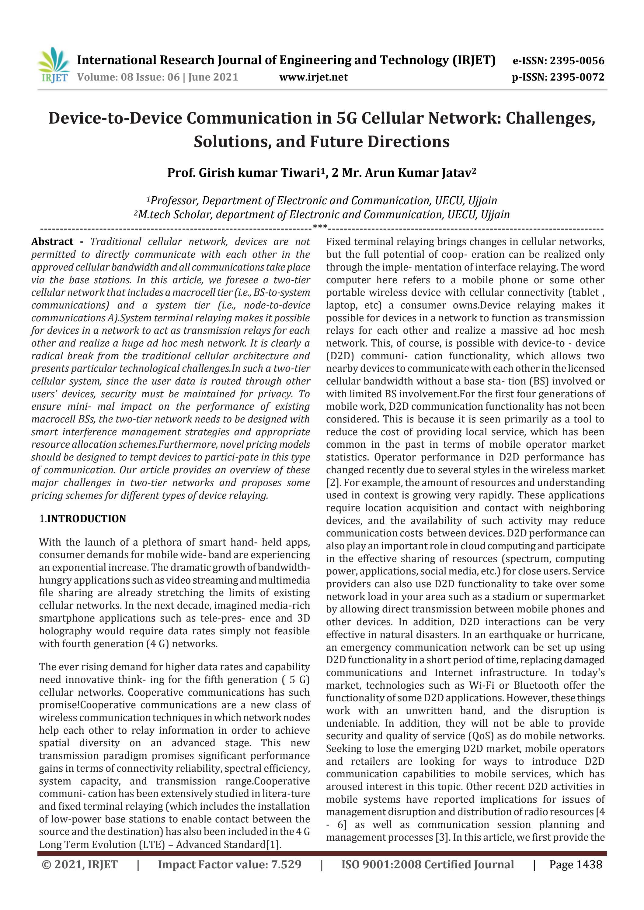 IRJET DevicetoDevice Communication in 5G Cellular Network