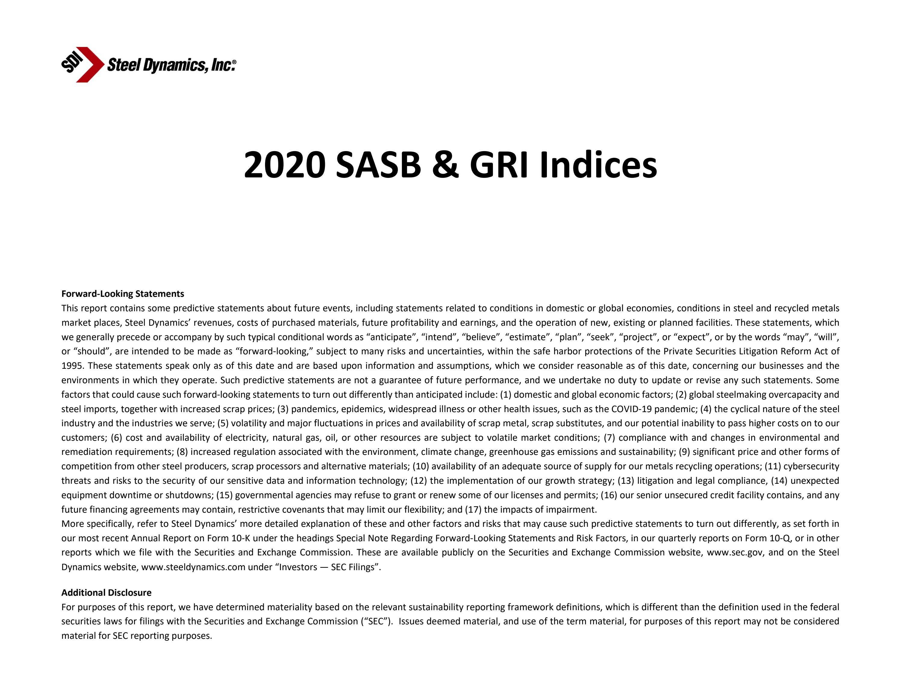 2020 Steel Dynamics SASB and GRI Index by SteelDynamicsINC Issuu