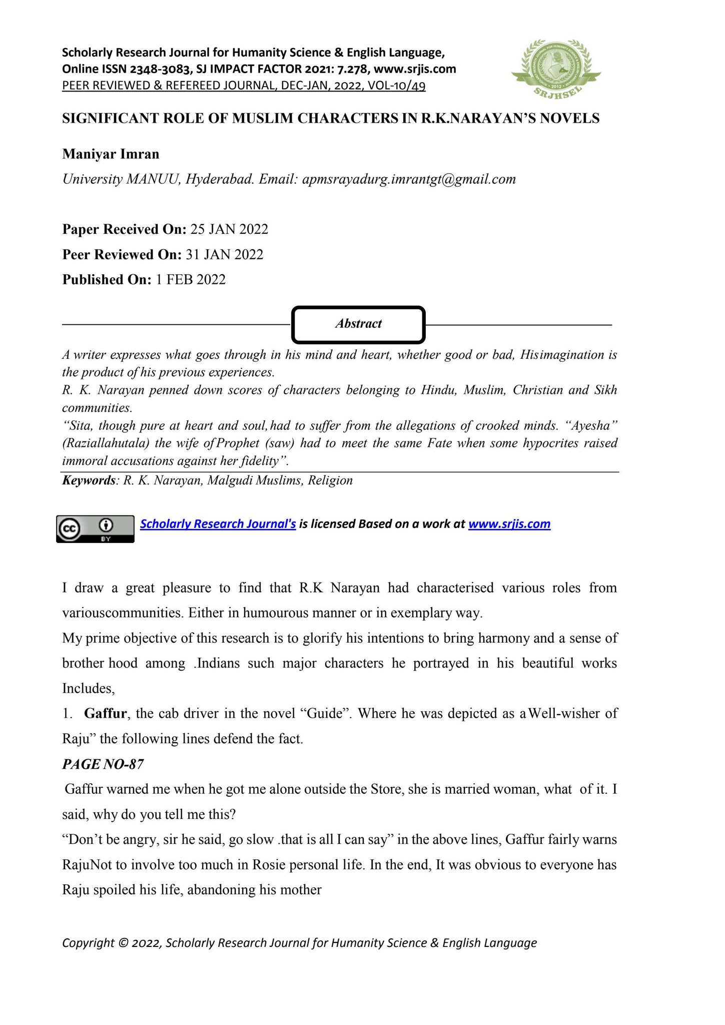 Journal Narayan Robi SIGNIFICANT ROLE OF MUSLIM CHARACTERS IN R.K.NARAYAN’S NOVELS by ...