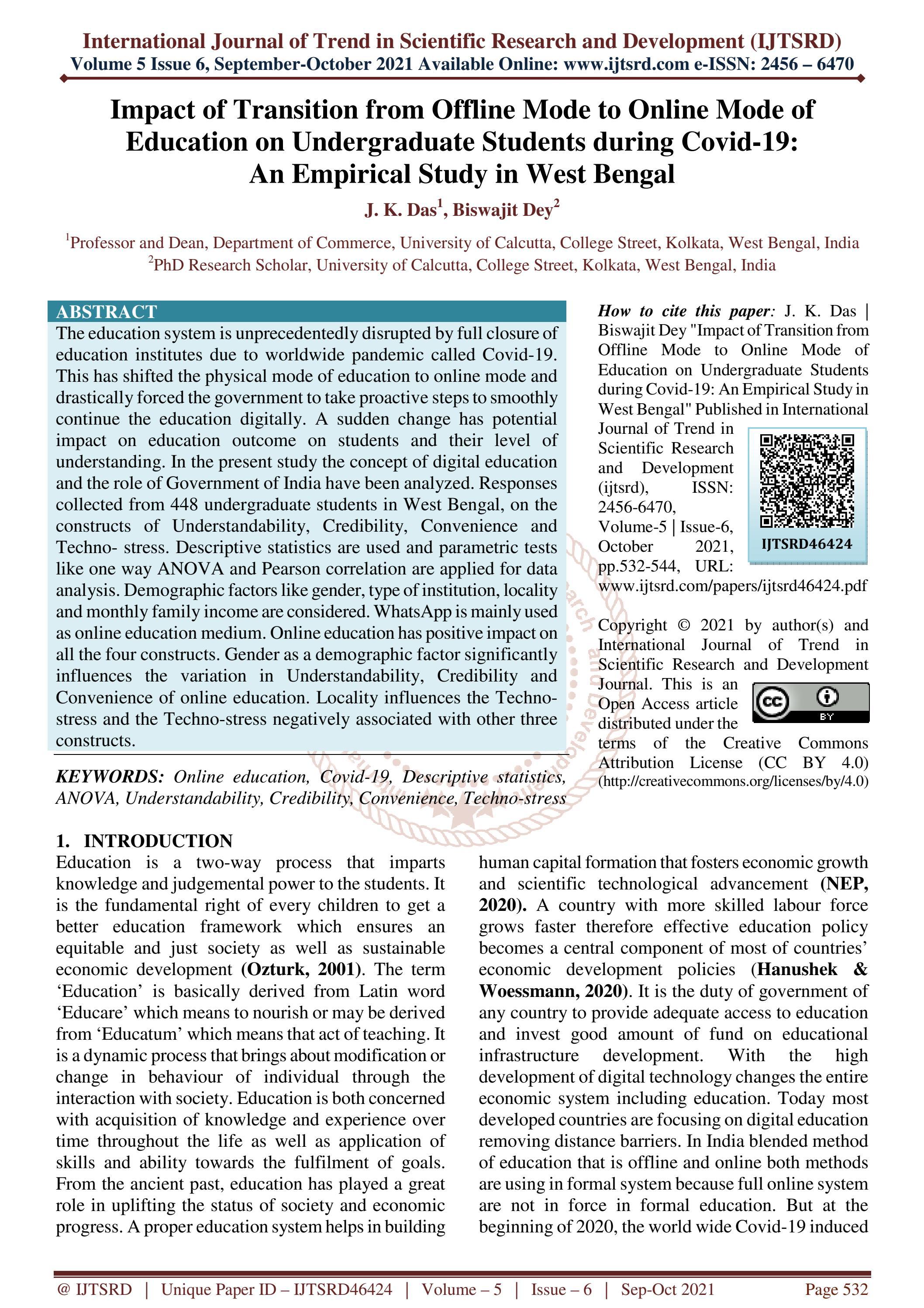 Impact of Transition from Offline Mode to Online Mode of Education on