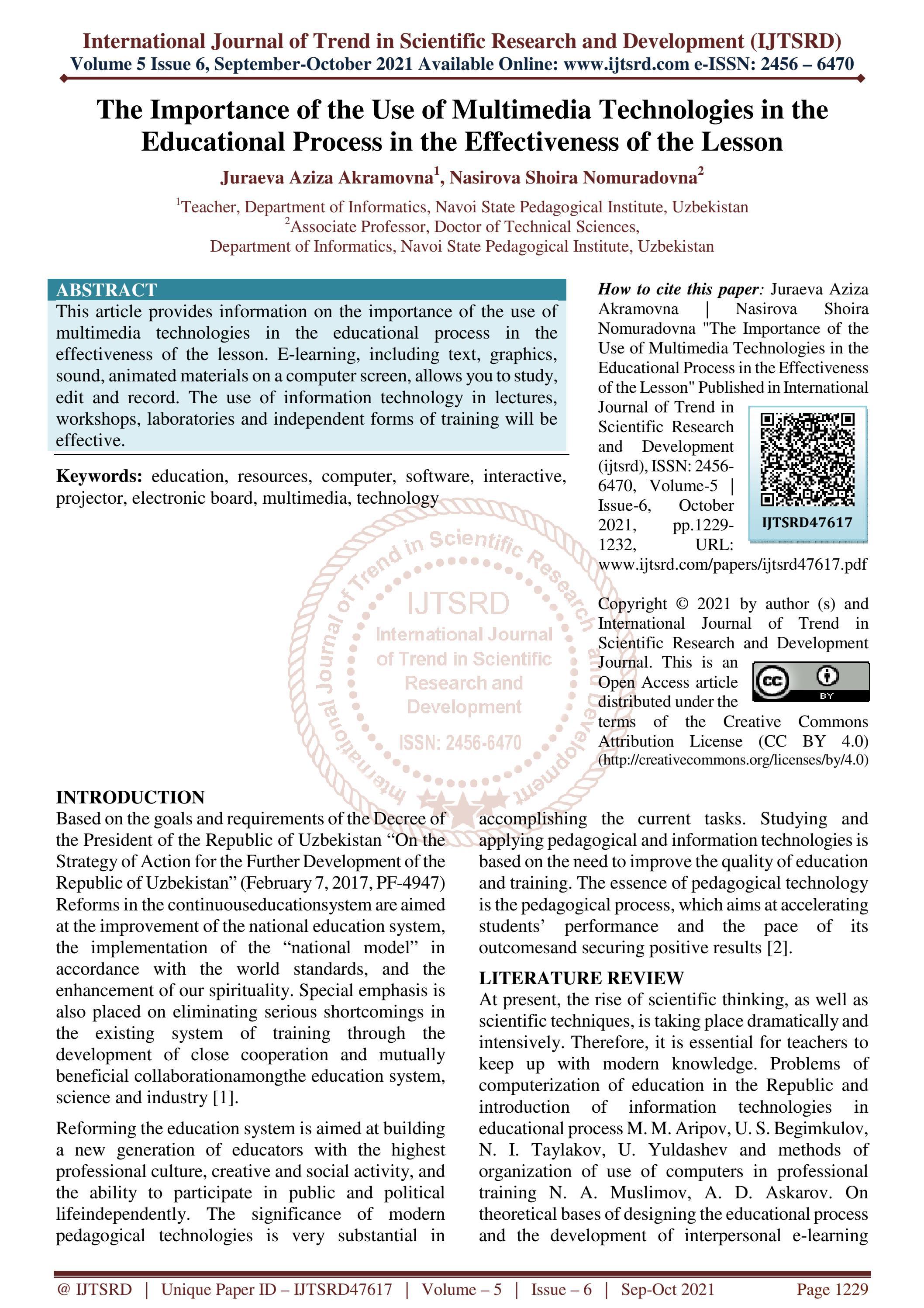 The Importance of the Use of Multimedia Technologies in the Educational