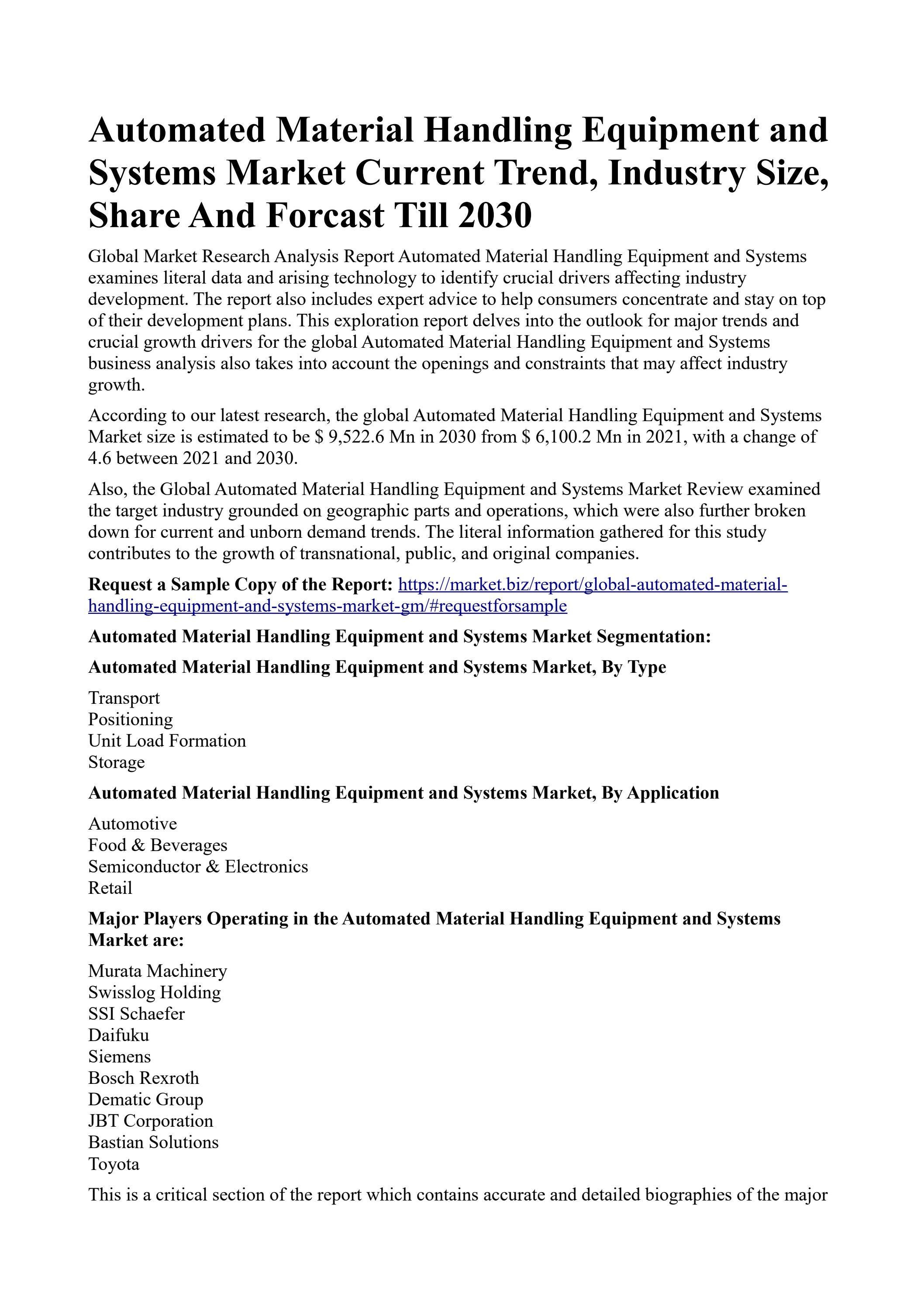 Automated Material Handling Equipment and Systems Market Current Trend