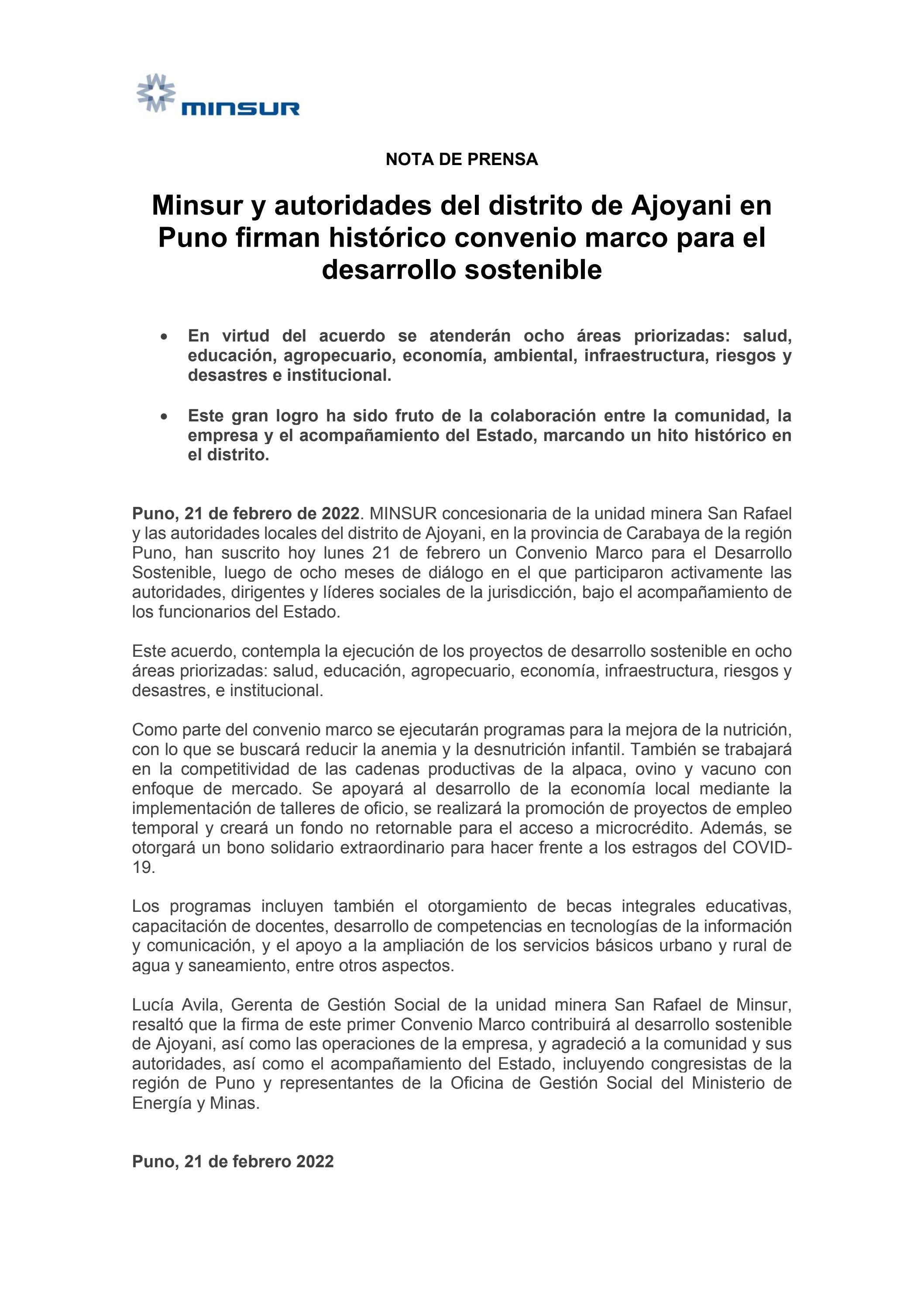 MINSUR Y AUTORIDADES DEL DISTRITO DE AJOYANI EN PUNO FIRMAN HISTÓRICO