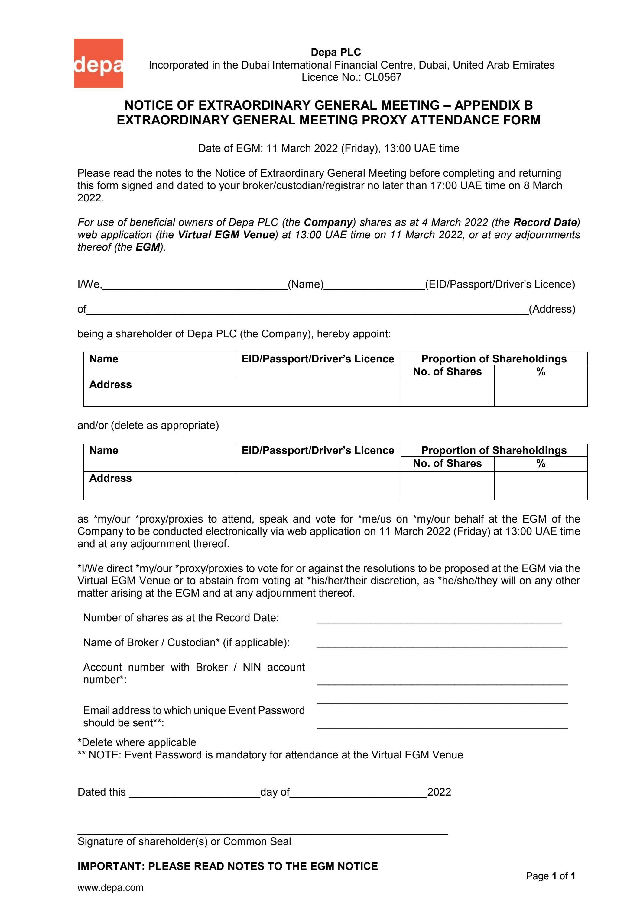Depa PLC Notice Of EGM Appendix B EGM Proxy Attendance Form By Depa 
