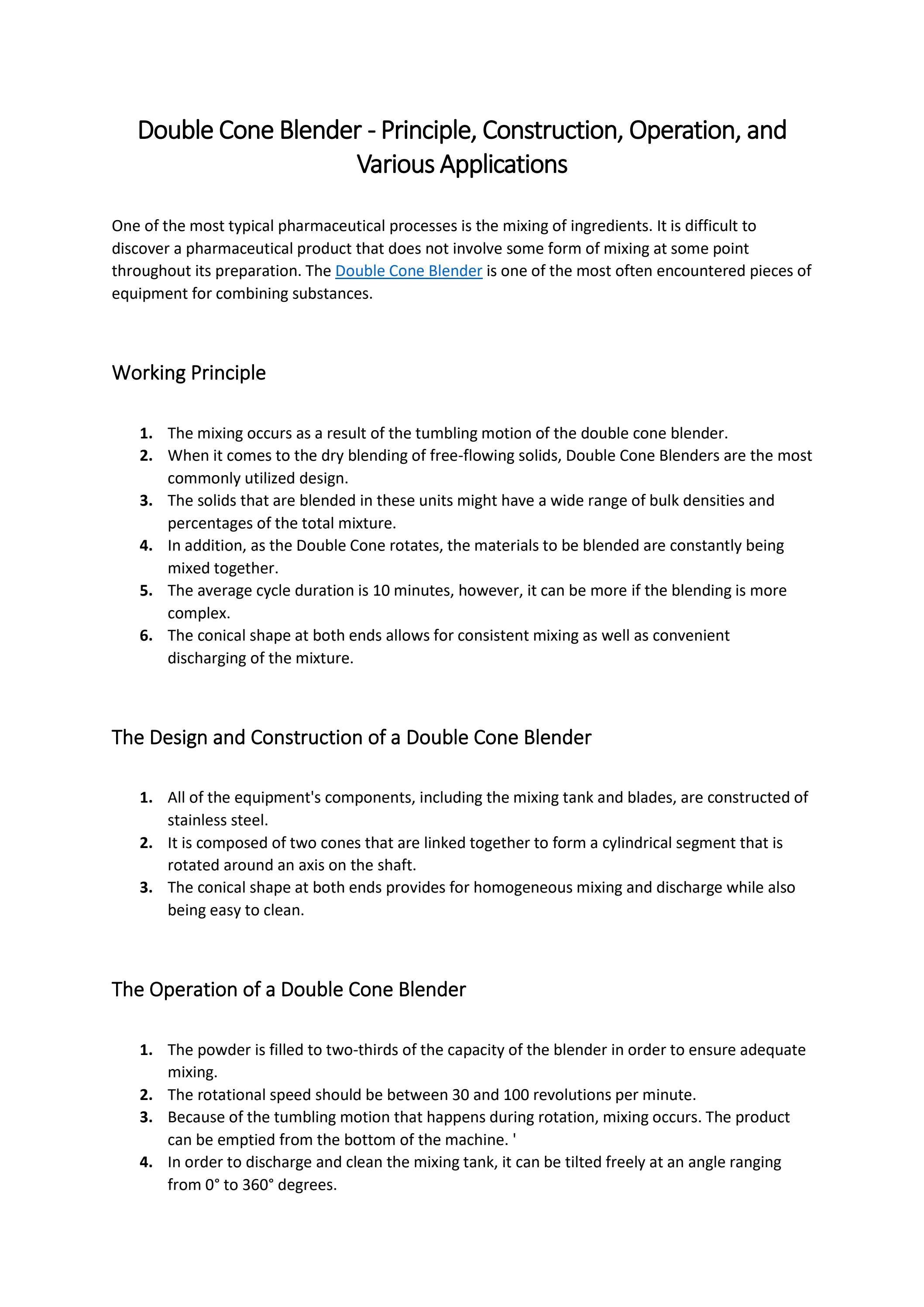 Double Cone Blender Principle, Construction, Operation, And Various