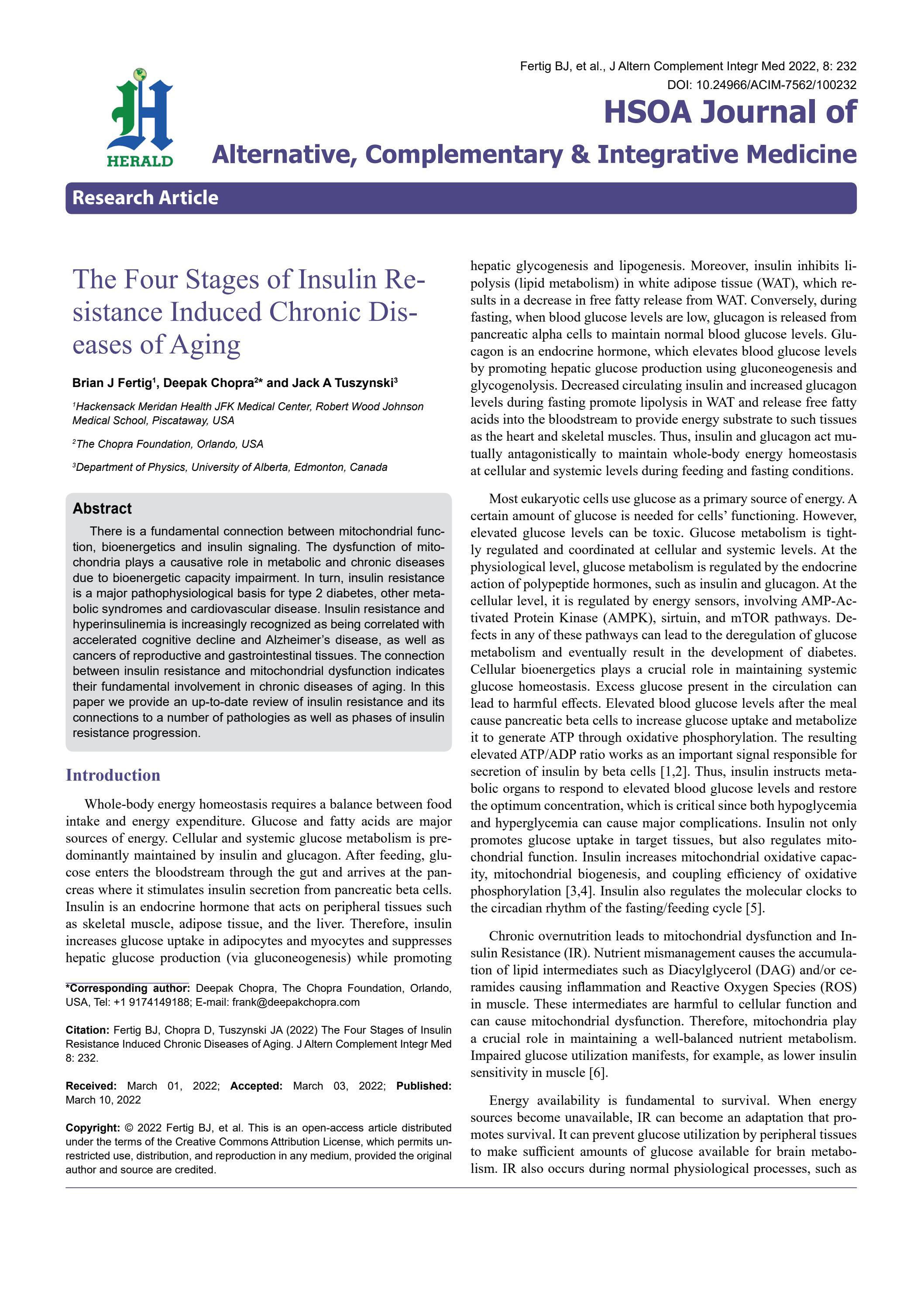 The Four Stages of Insulin Resistance Induced Chronic Diseases of Aging