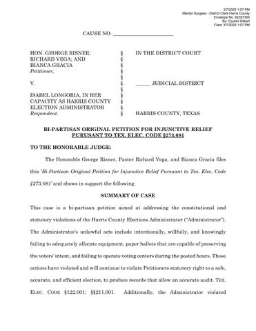 Cover of "Lawsuit Filed Against Isabel Longoria By Downtown Oliver Brown on Behalf of Risner, Vega, and Garcia"