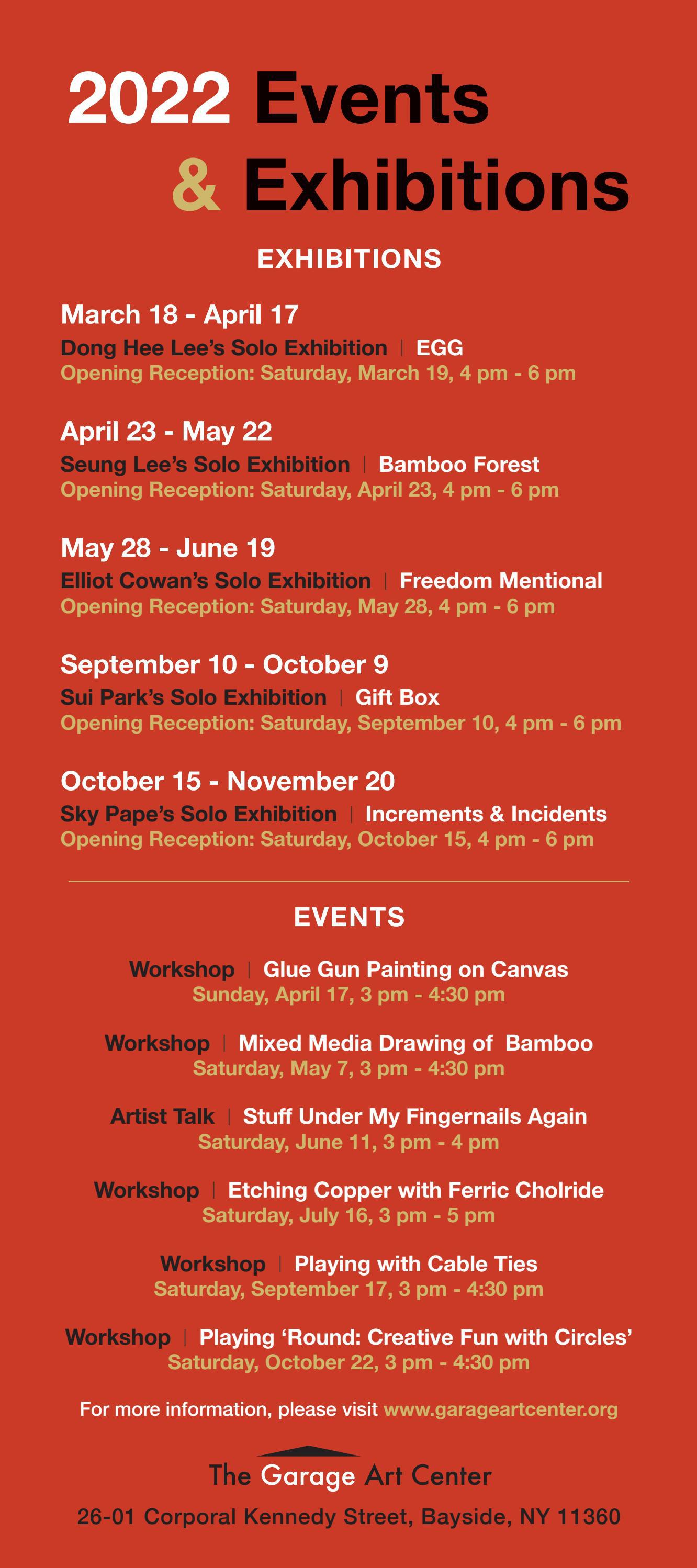 The Garage Art Center 2022 Exhibition Event Schedule By