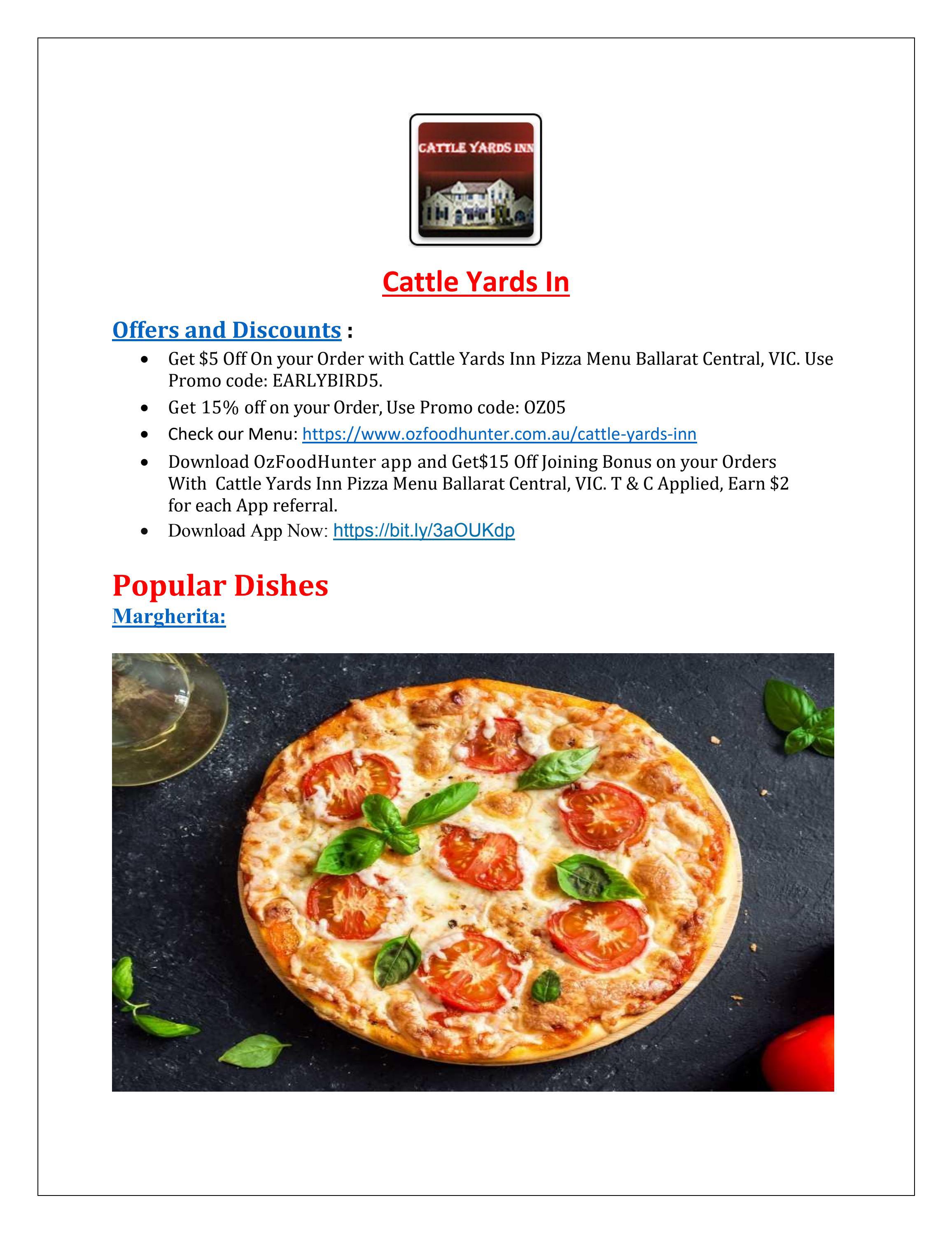 15 off Cattle Yards Inn Pizza Menu Ballarat Central, VIC by