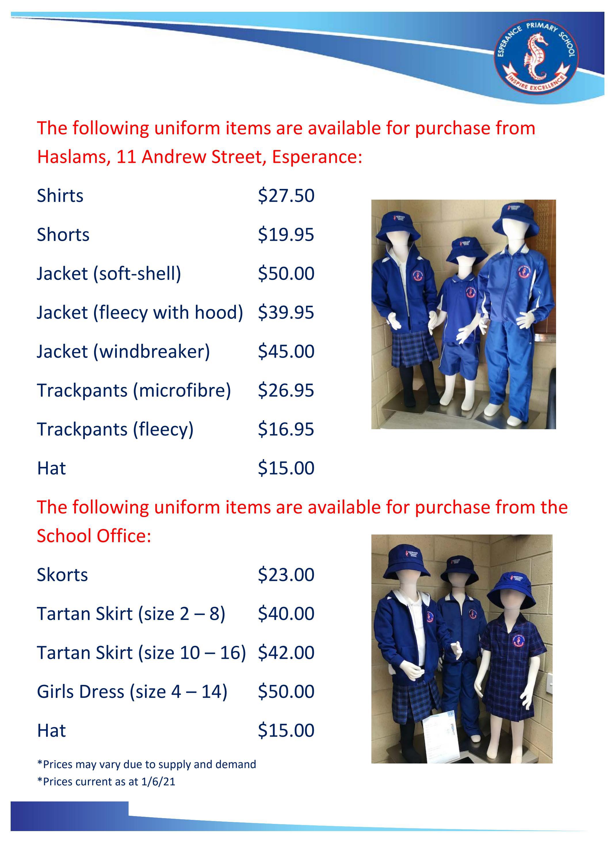 UNIFORM PRICE LIST Esperance Primary School by esperance.primary