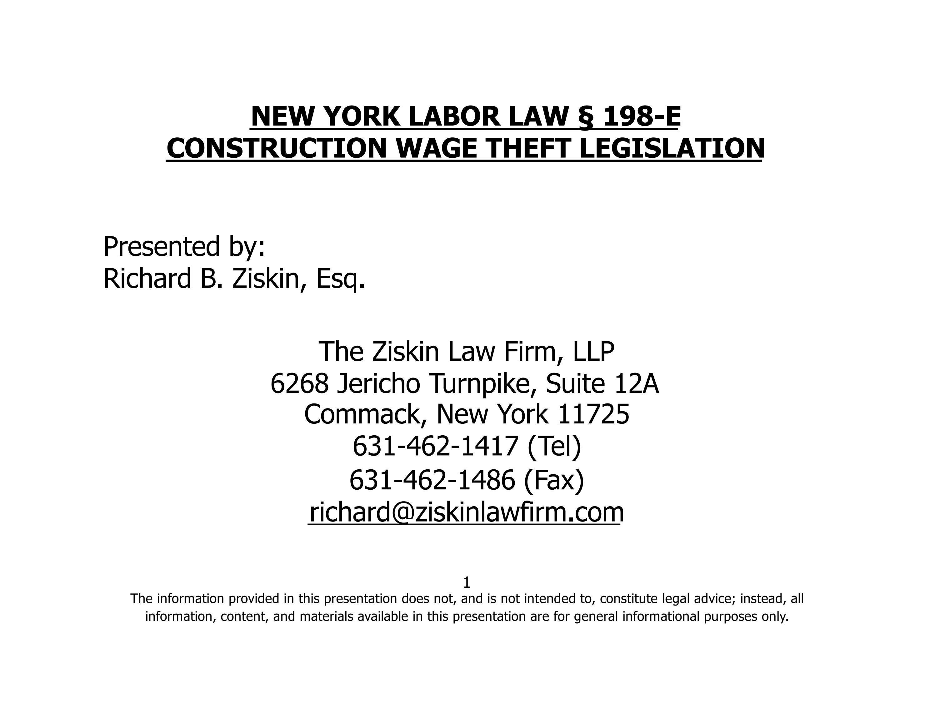 NEW YORK LABOR LAW § 198-E CONSTRUCTION WAGE THEFT LEGISLATION by ...