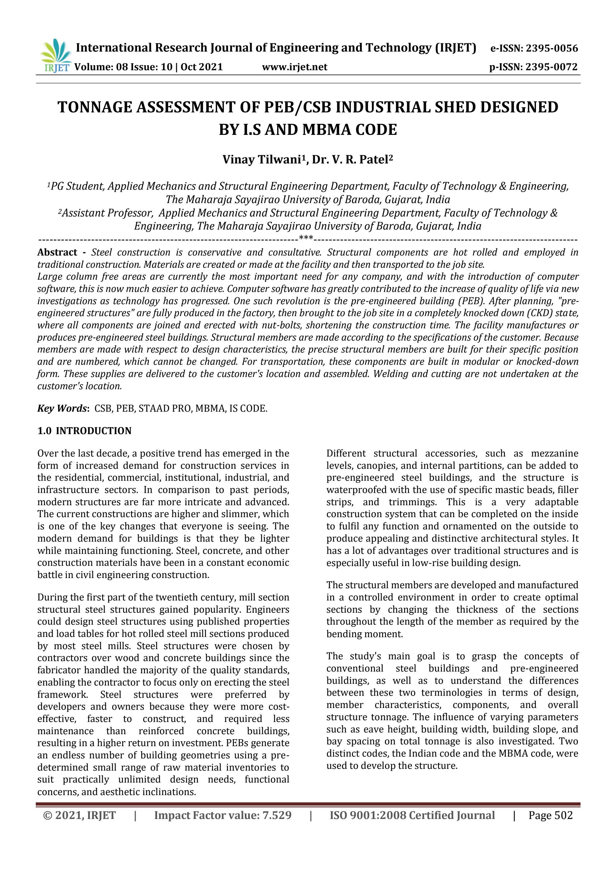 IRJET- Tonnage Assessment of PEB/CSB Industrial Shed Designed by I.S ...