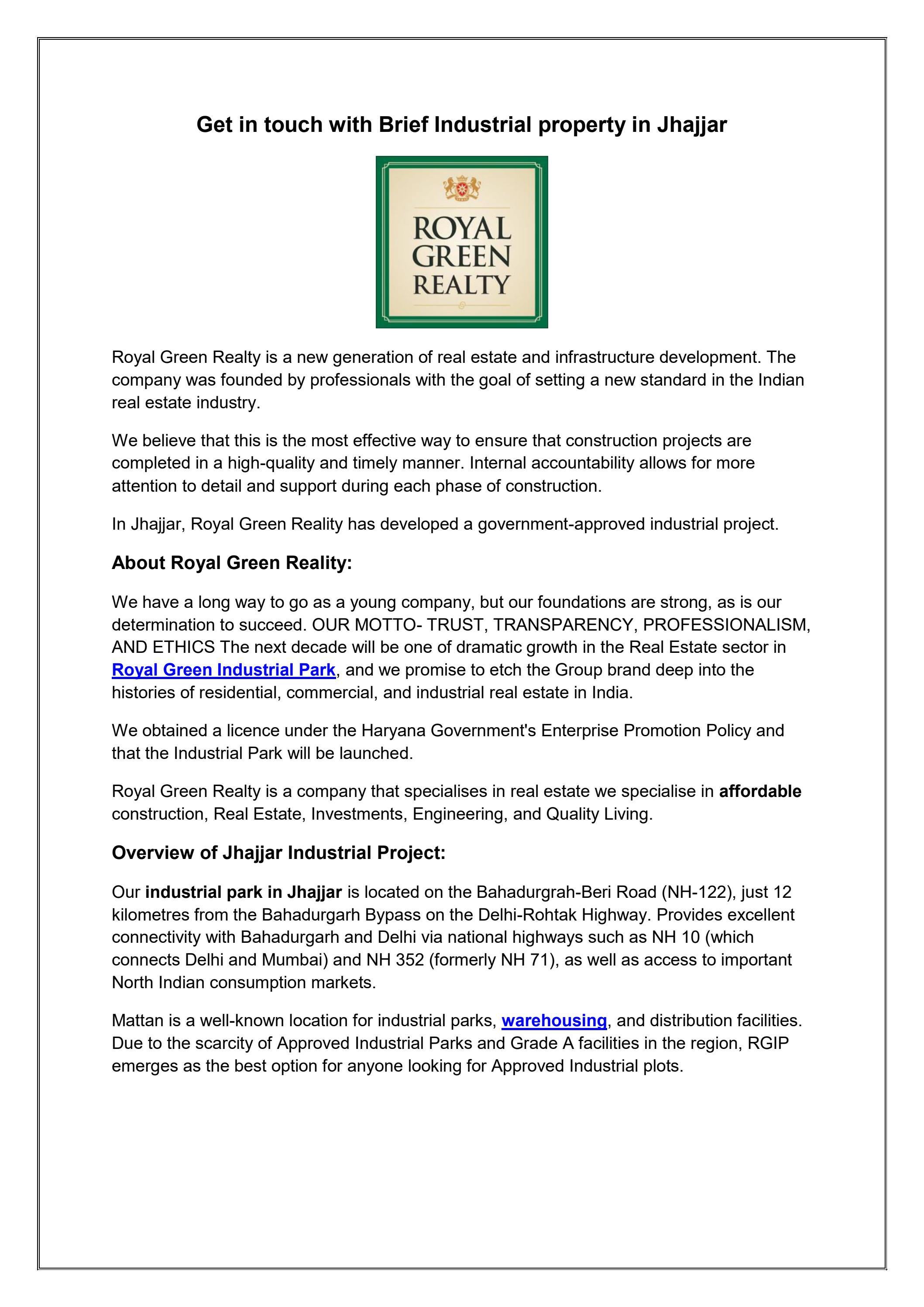 Get in touch with Brief Industrial property in Jhajjar by Royal Green