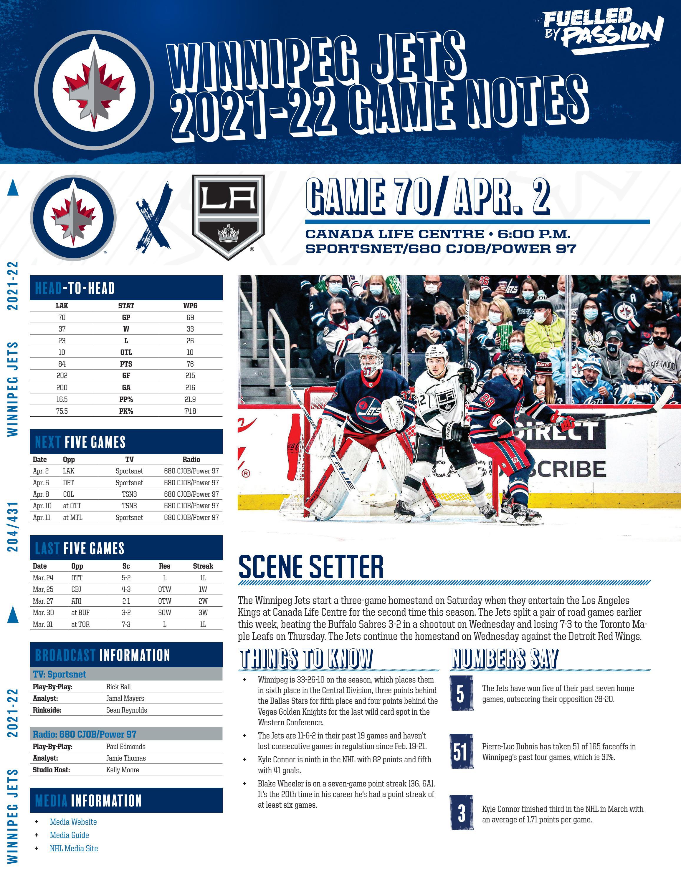 Winnipeg Jets Game Notes April 2 2022 Vs Los Angeles Kings By 