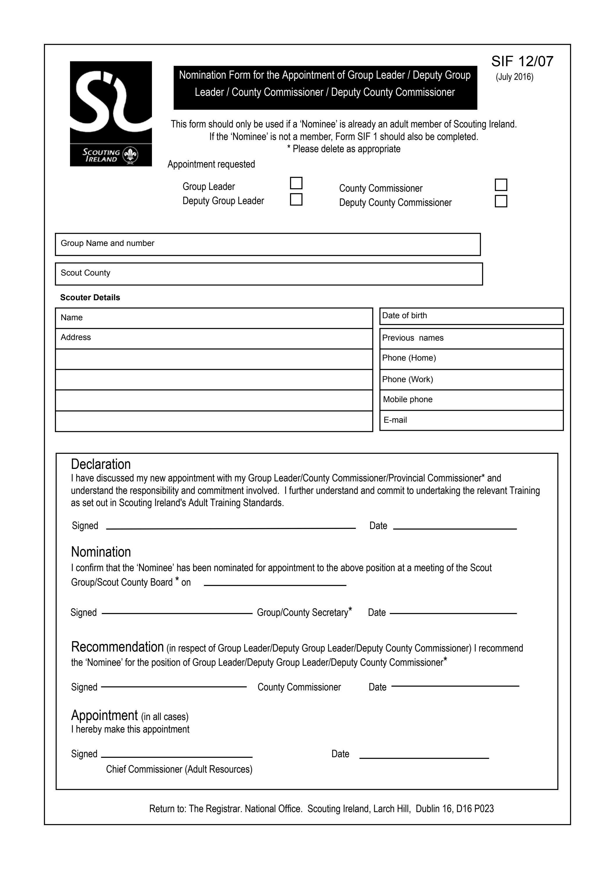 SIF 1205 Nomination Form for Appointment of Group Leader, Deputy