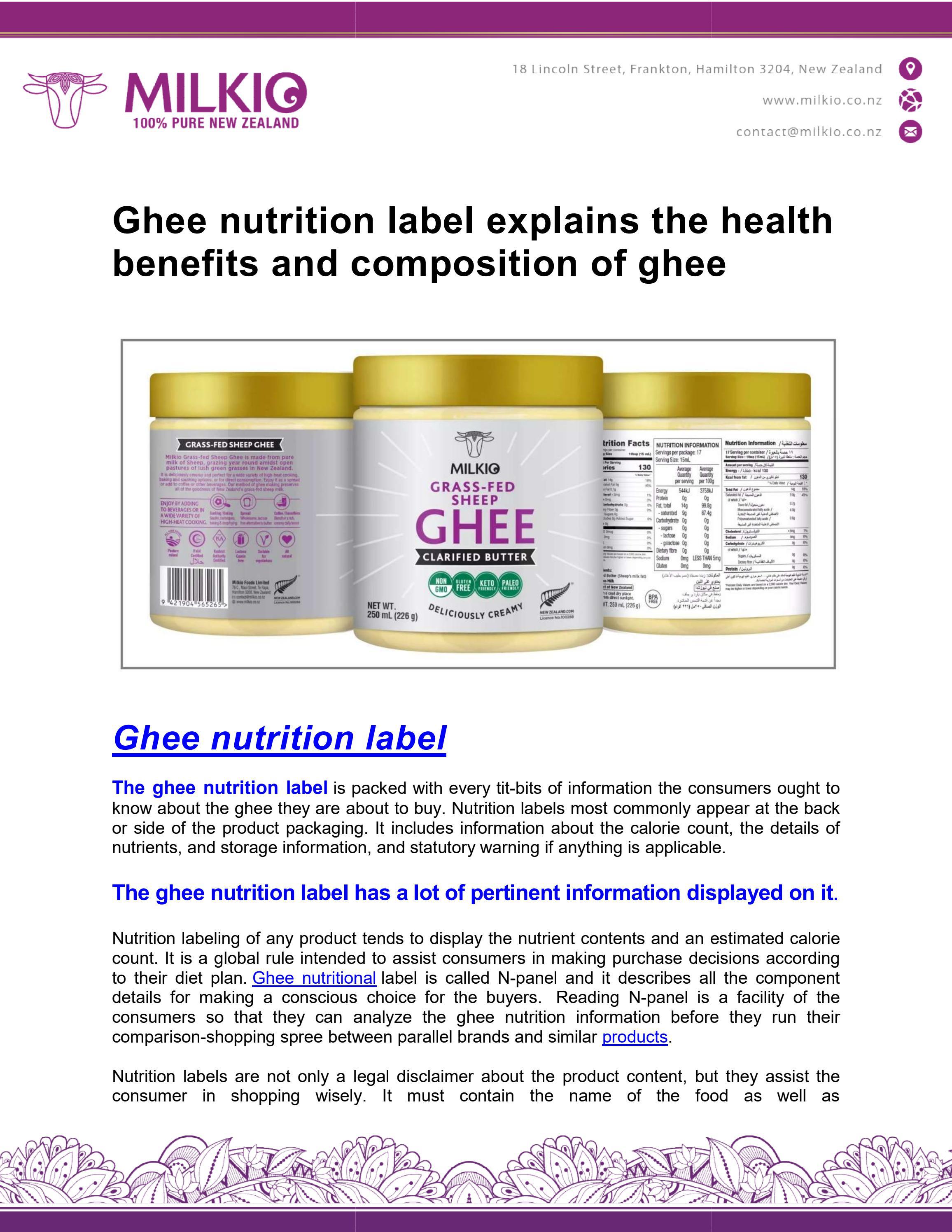 Ghee nutrition label explains the health benefits and composition of