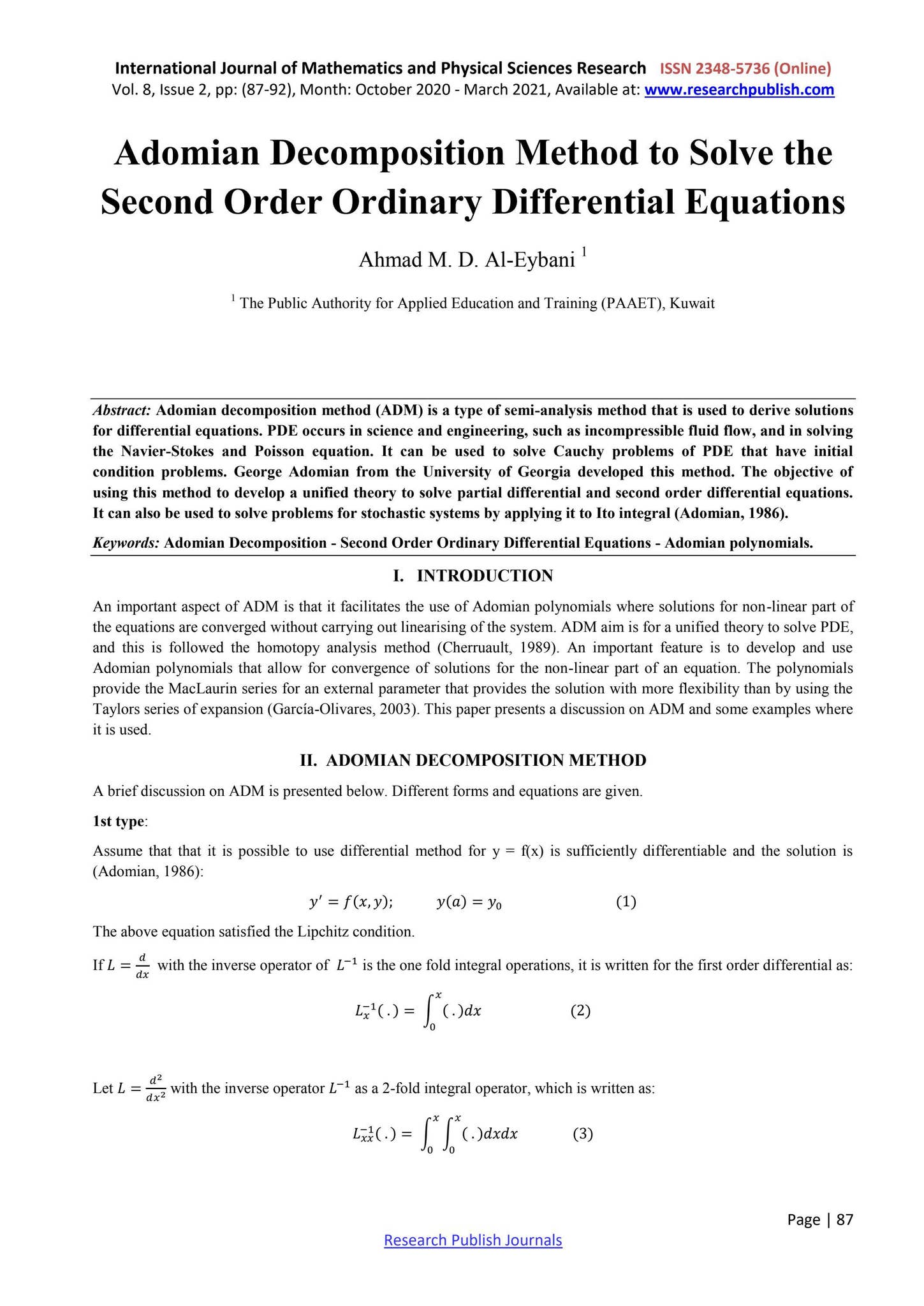 Adomian Decomposition Method to Solve the Second Order Ordinary ...