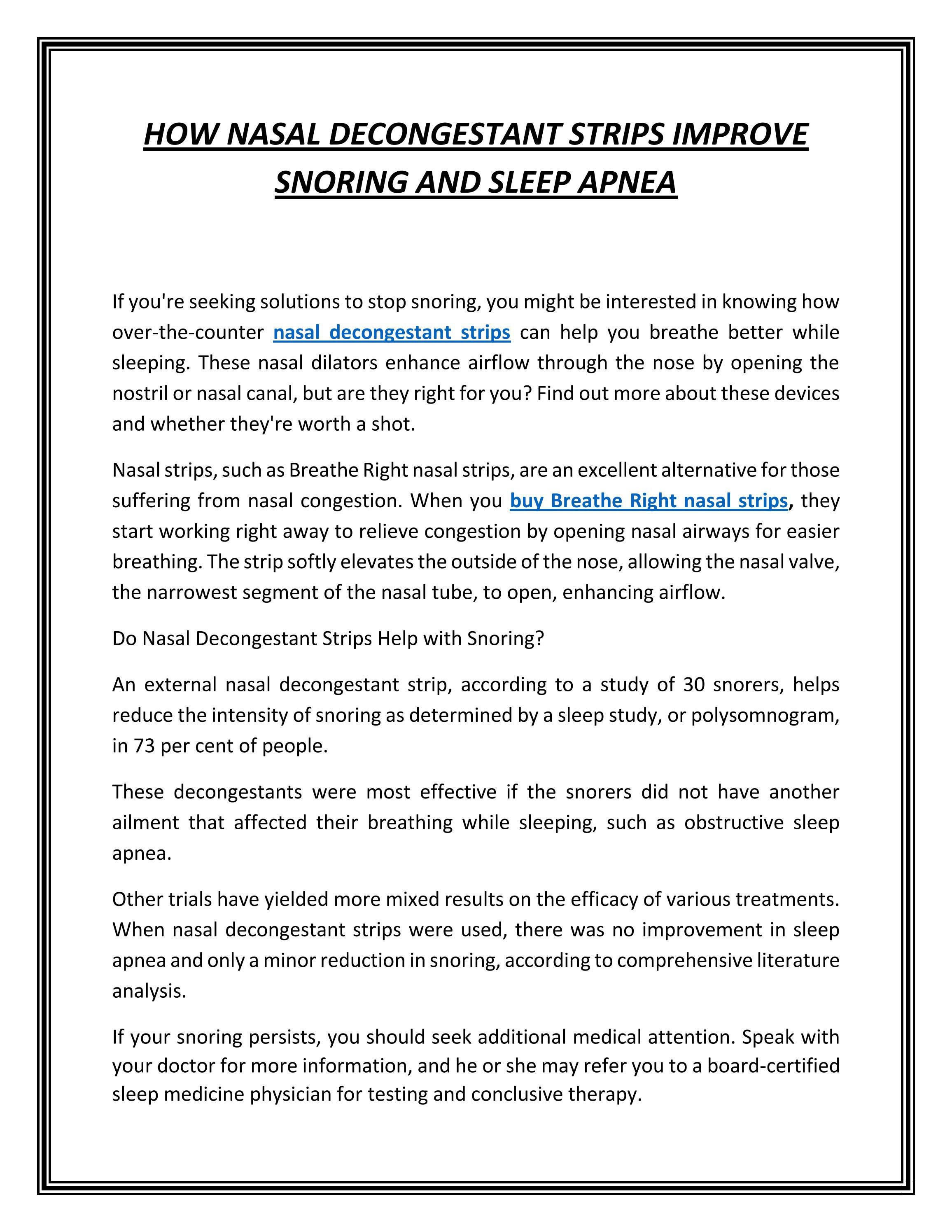 How Nasal Decongestant Strips Improve Snoring and Sleep Apnea by