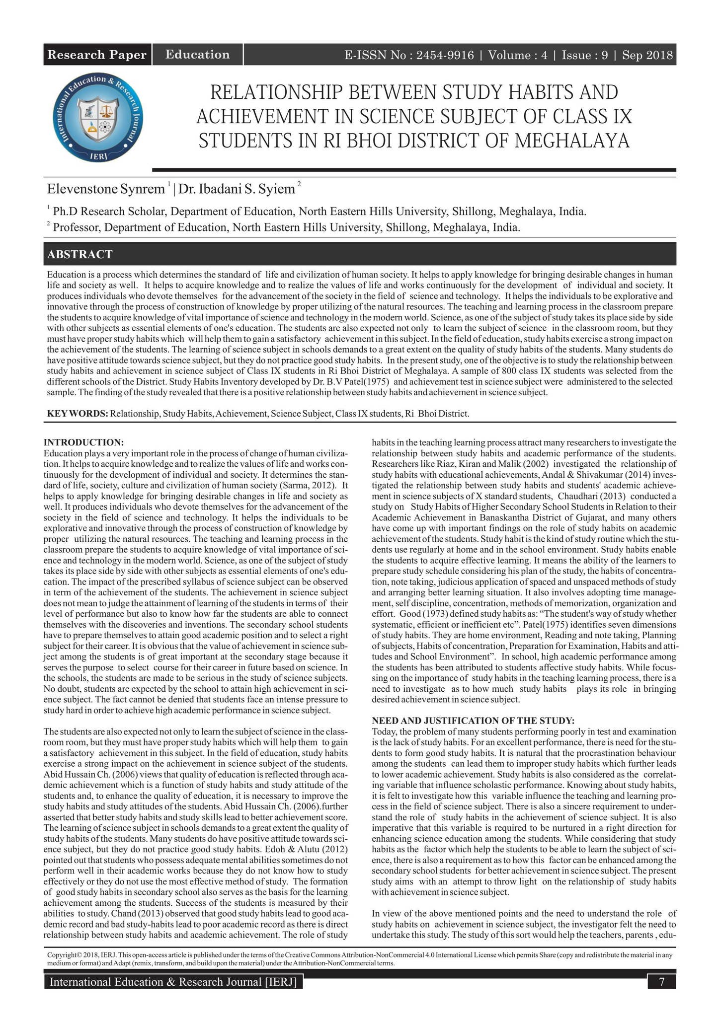 RELATIONSHIP BETWEEN STUDY HABITS AND ACHIEVEMENT IN SCIENCE SUBJECT OF ...