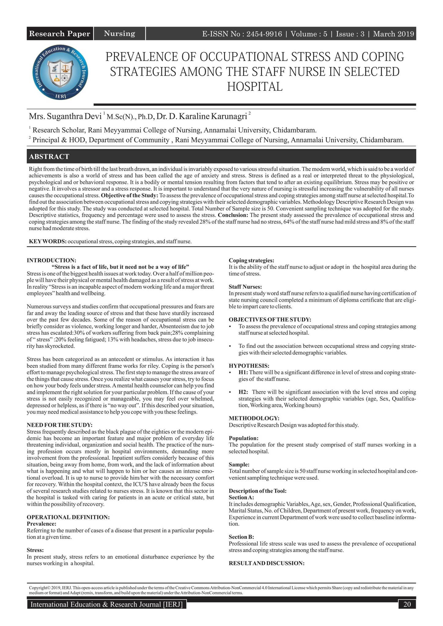 PREVALENCE OF OCCUPATIONAL STRESS AND COPING STRATEGIES AMONG THE STAFF ...