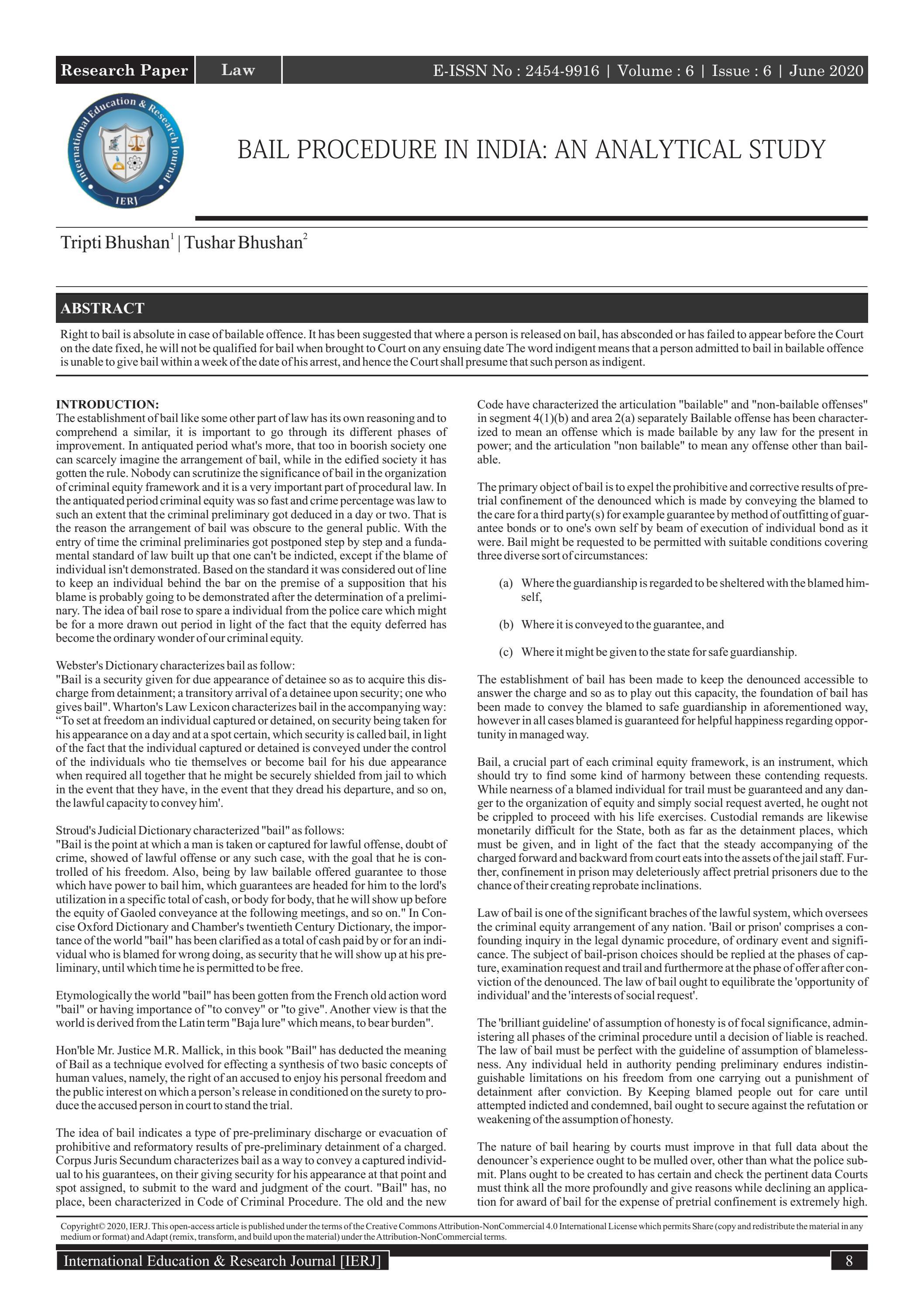 BAIL PROCEDURE IN INDIA AN ANALYTICAL STUDY by International Education