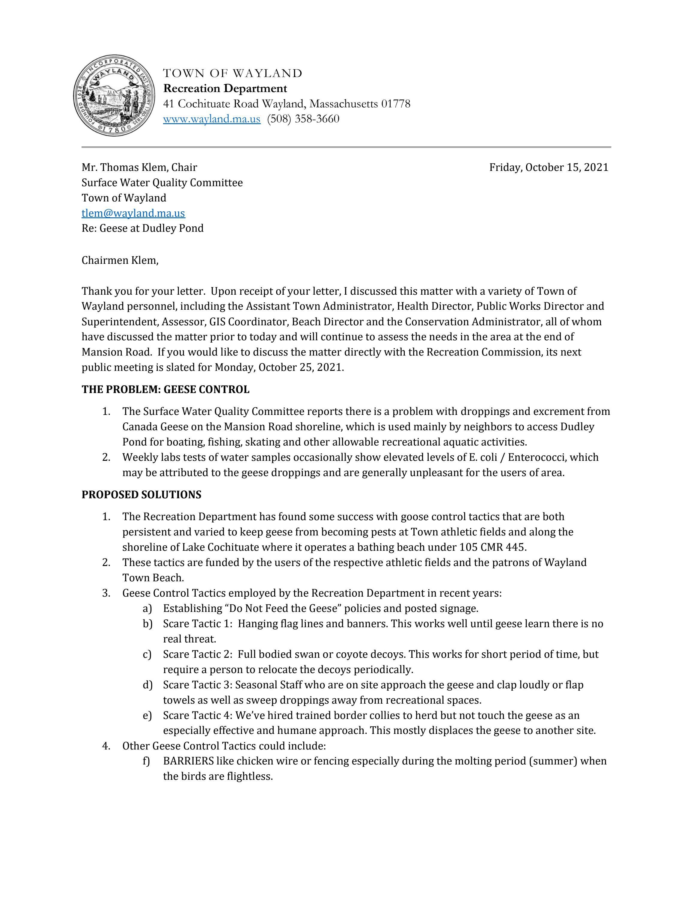 Letter to Recreation Dept and Response re Mansion Beach_Oct21 by