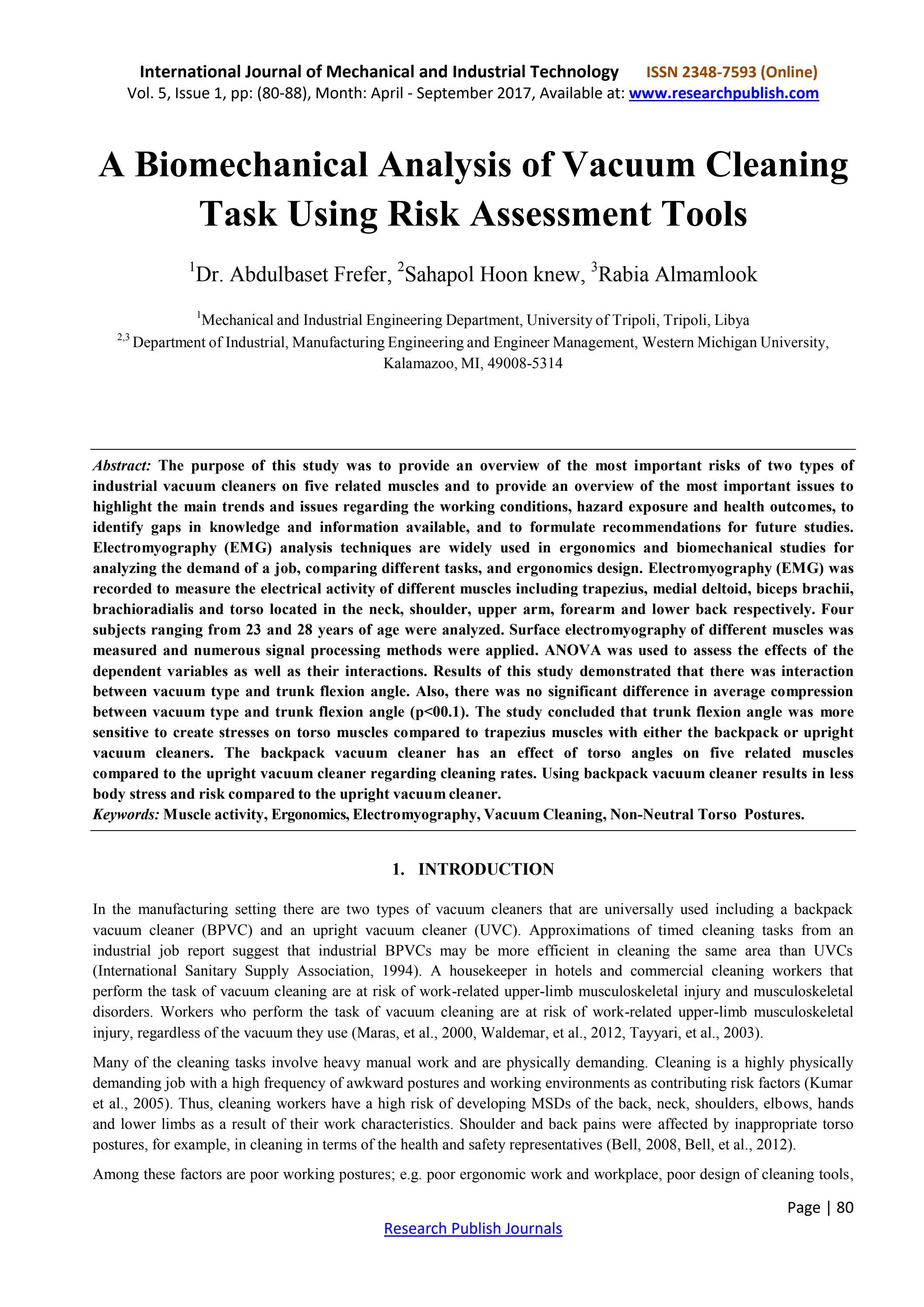 A Biomechanical Analysis of Vacuum Cleaning Task Using Risk Assessment