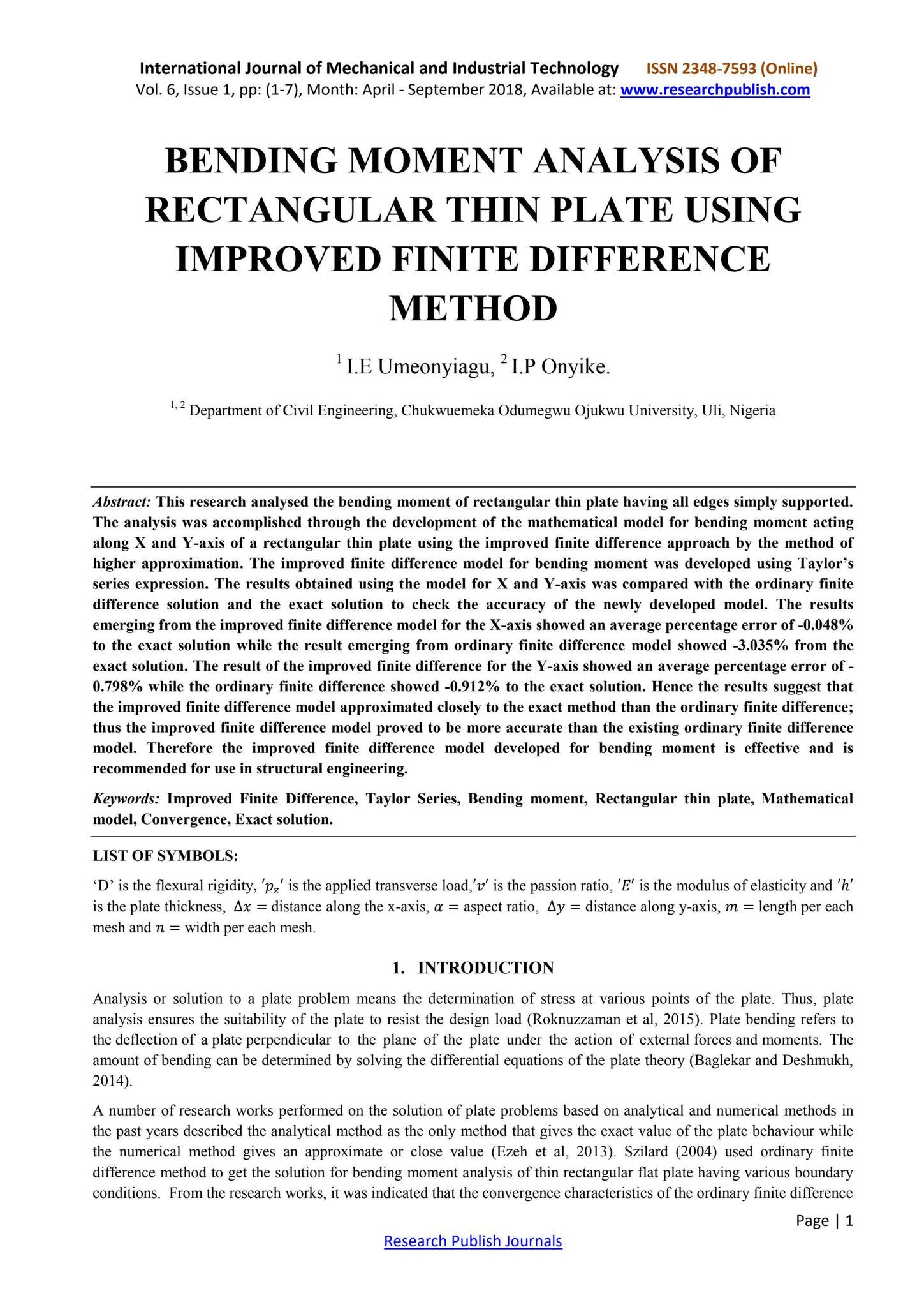 BENDING MOMENT ANALYSIS OF RECTANGULAR THIN PLATE USING IMPROVED FINITE ...