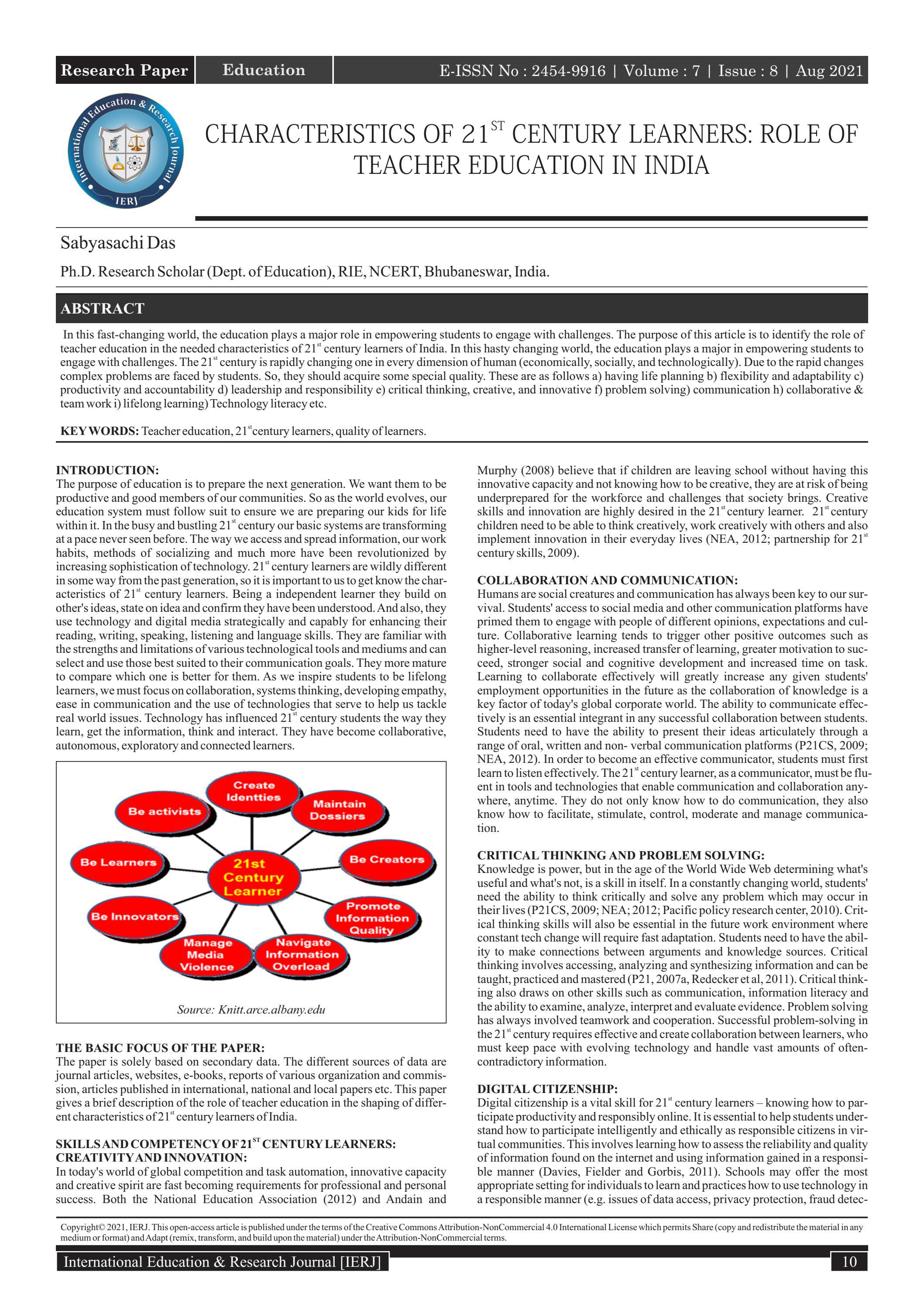 CHARACTERISTICS OF 21ST CENTURY LEARNERS ROLE OF TEACHER EDUCATION IN 