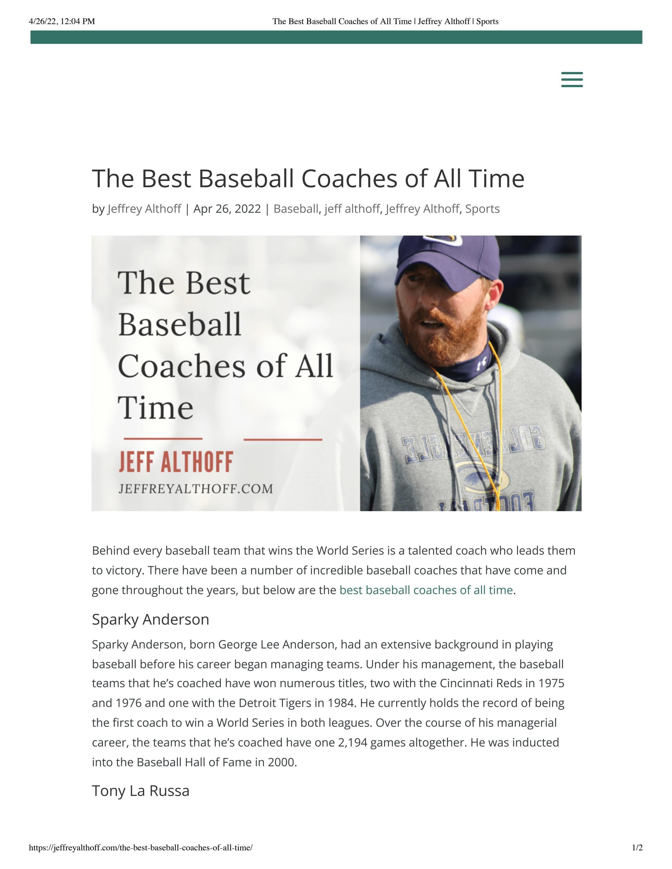 The Best Baseball Coaches of All Time Jeffrey Althoff Hunting by