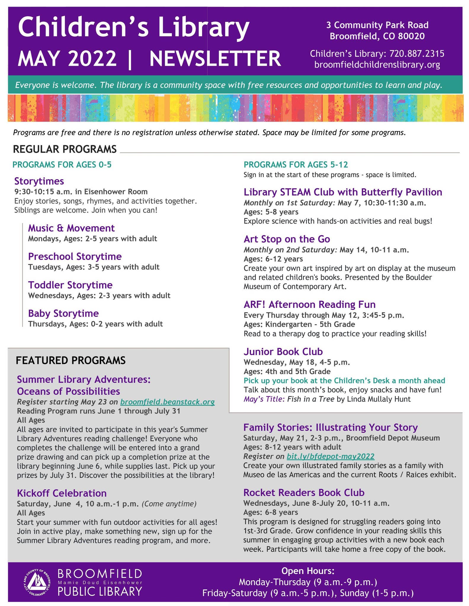Broomfield Library Children's Newsletter May 2022 by City and County