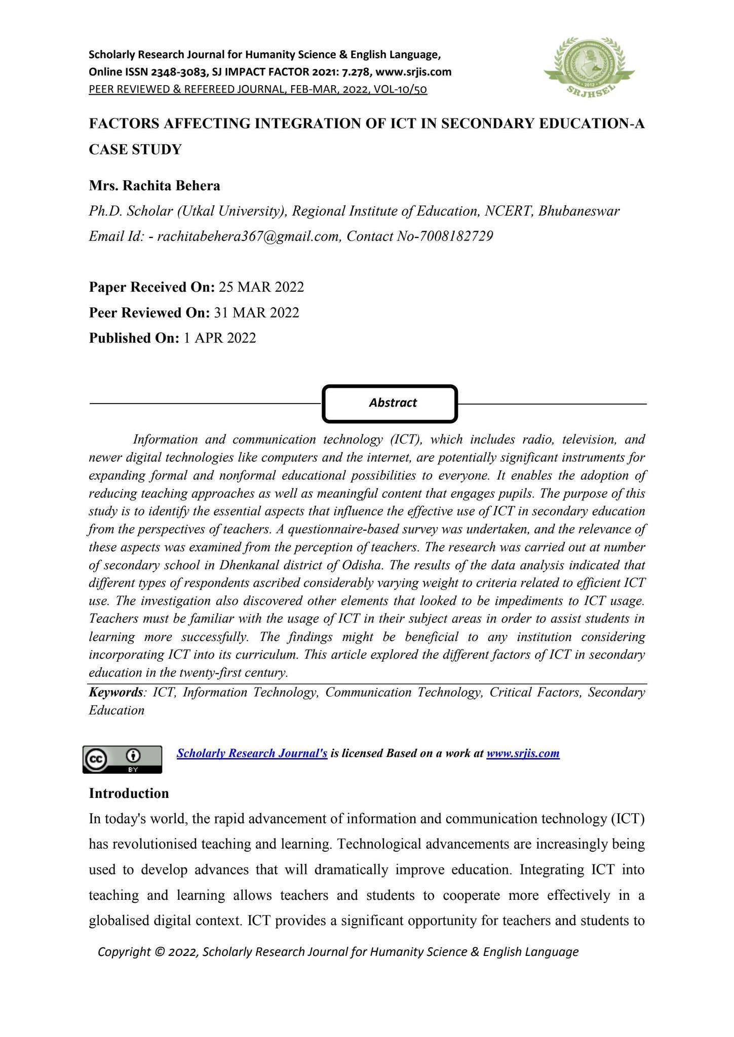 FACTORS AFFECTING INTEGRATION OF ICT IN SECONDARY EDUCATION-A CASE ...