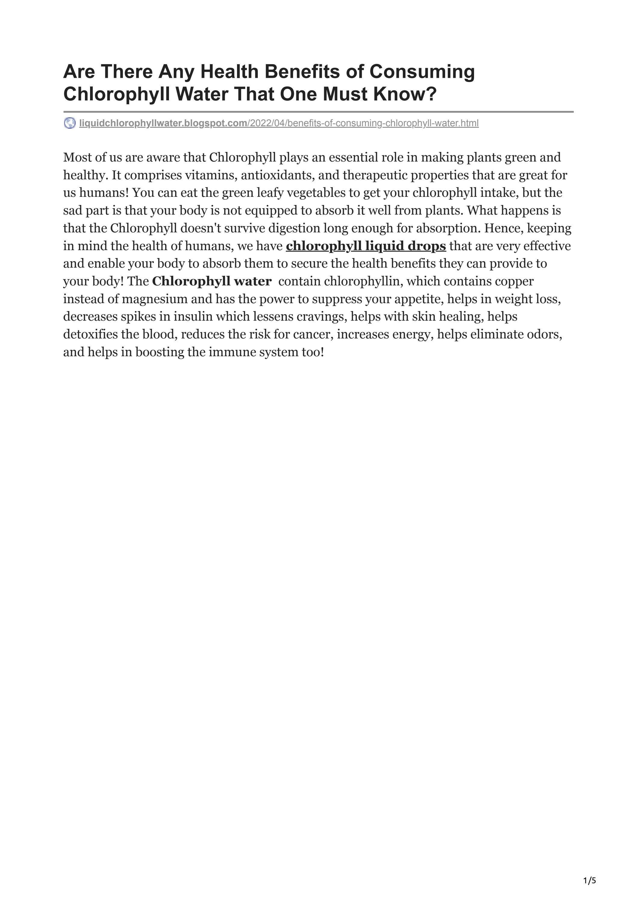 Are There Any Health Benefits of Consuming Chlorophyll Water That One