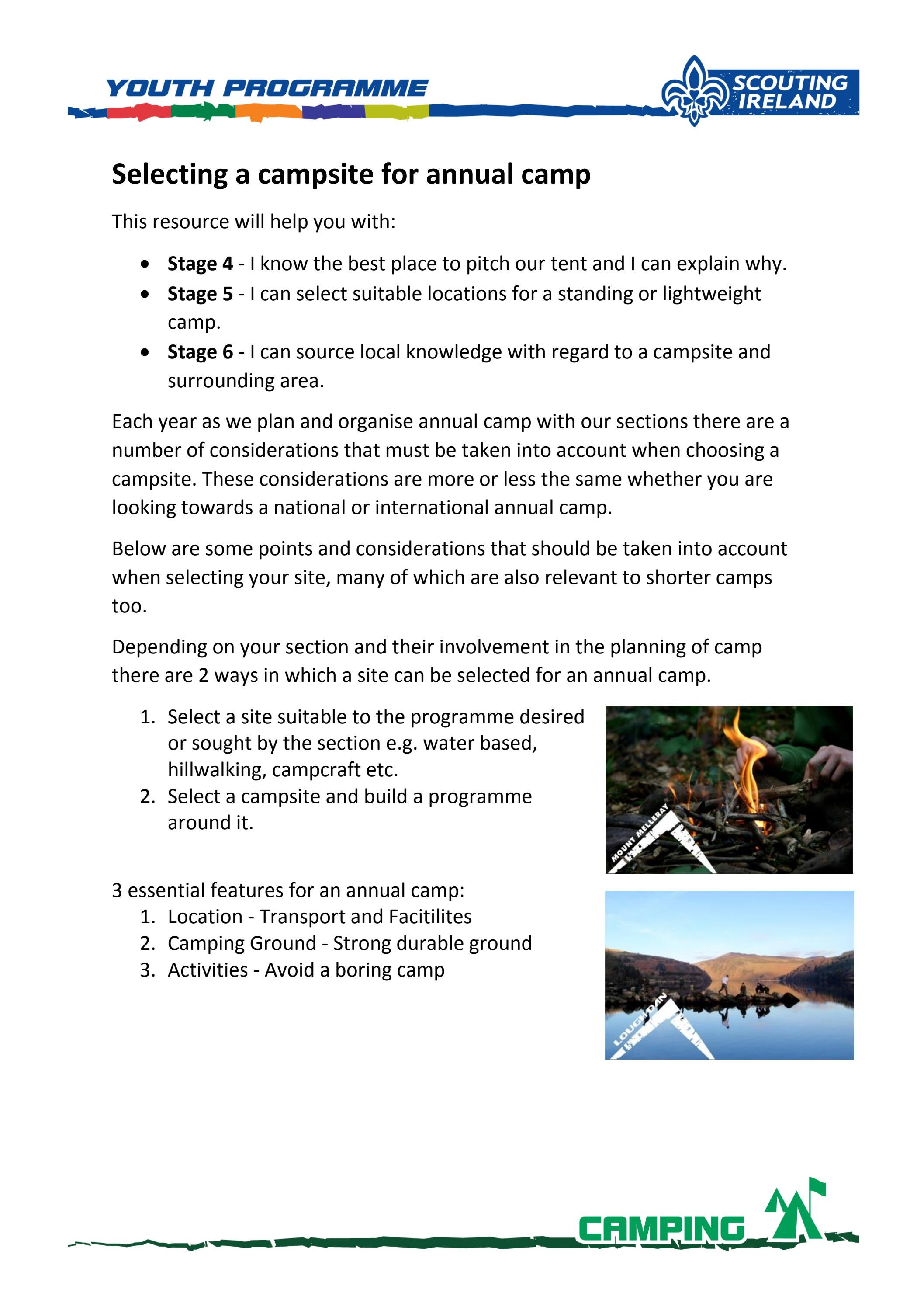 Camping Sample Program Selecting a campsite for annual camp by Scouting Ireland - Issuu