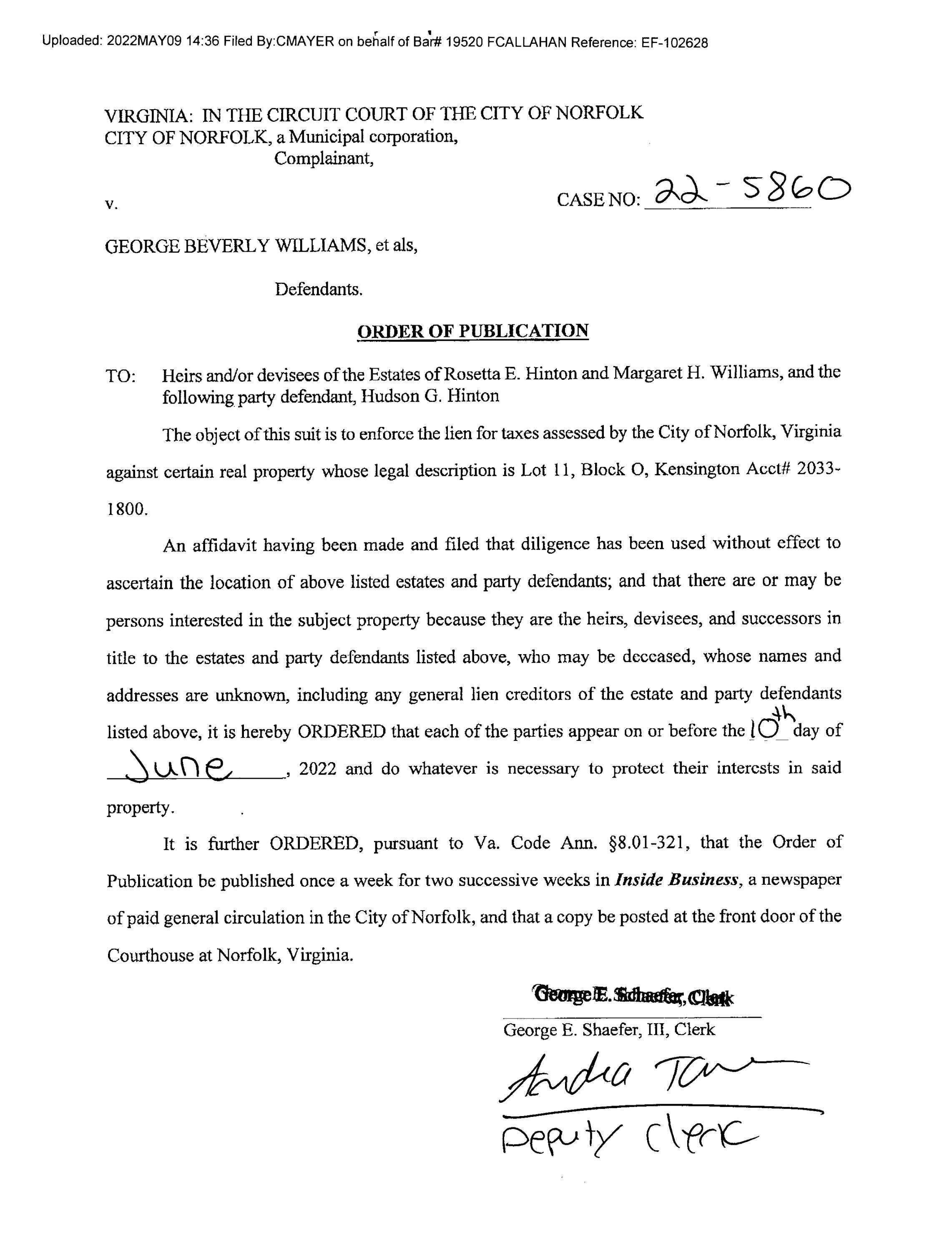 CL22 5860 ORDER OF PUBLICATION By Norfolk Circuit Court Clerk s Office