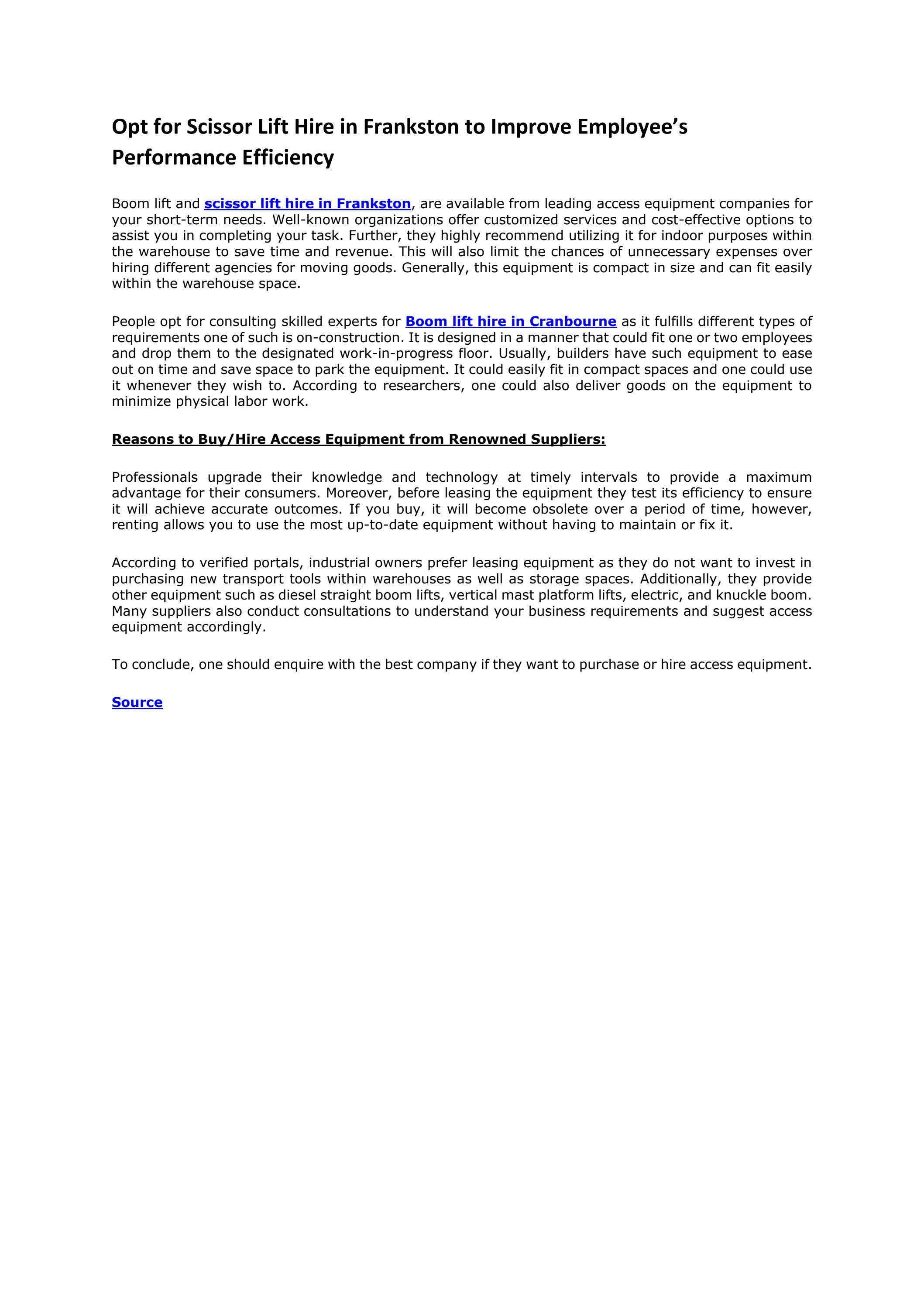 Opt for Scissor Lift Hire in Frankston to Improve Employee’s Performance Efficiency by Aussie