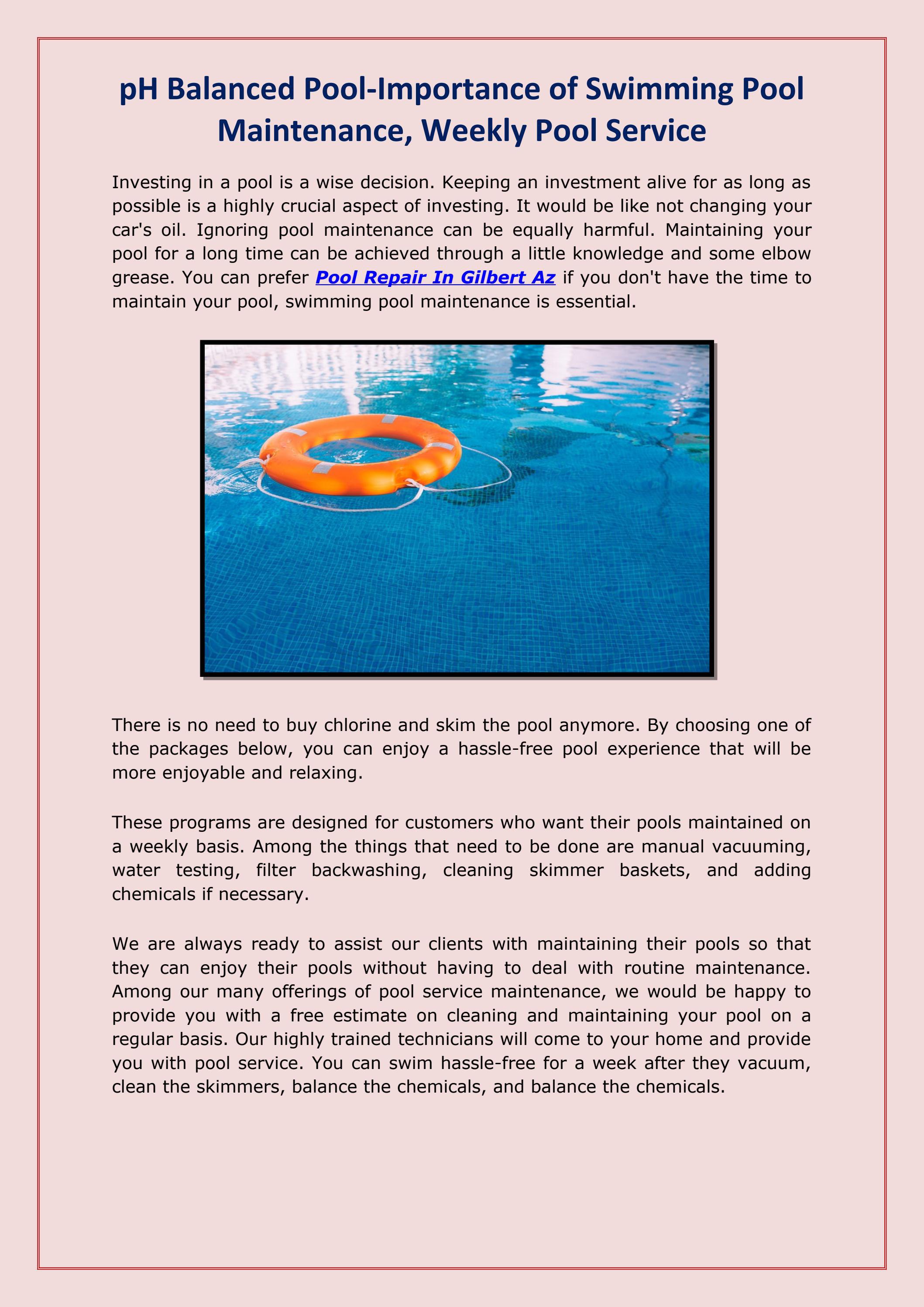 pH Balanced Pool Importance of Swimming Pool Maintenance, Weekly Pool
