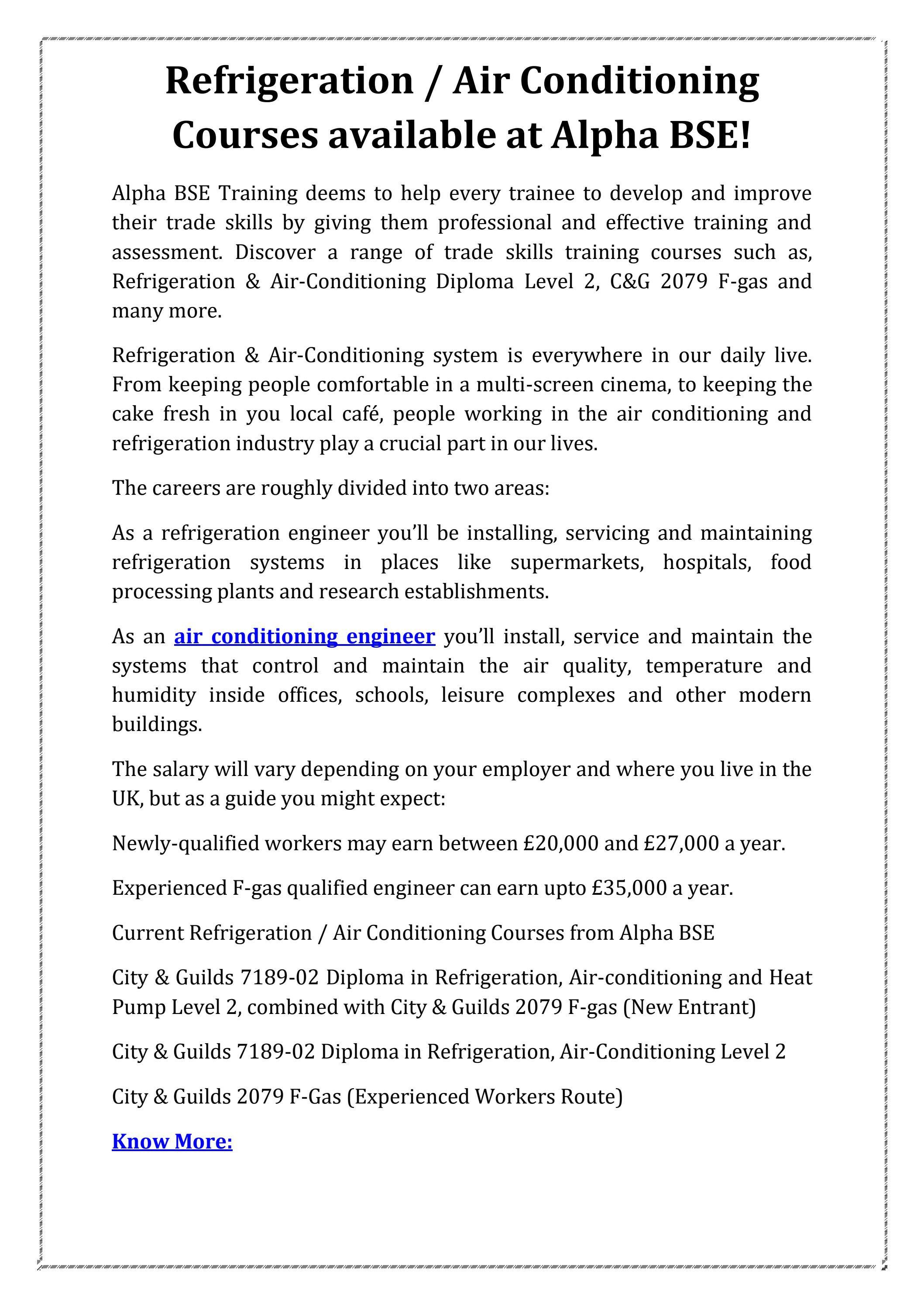Refrigeration Air Conditioning Courses available at Alpha BSE! by