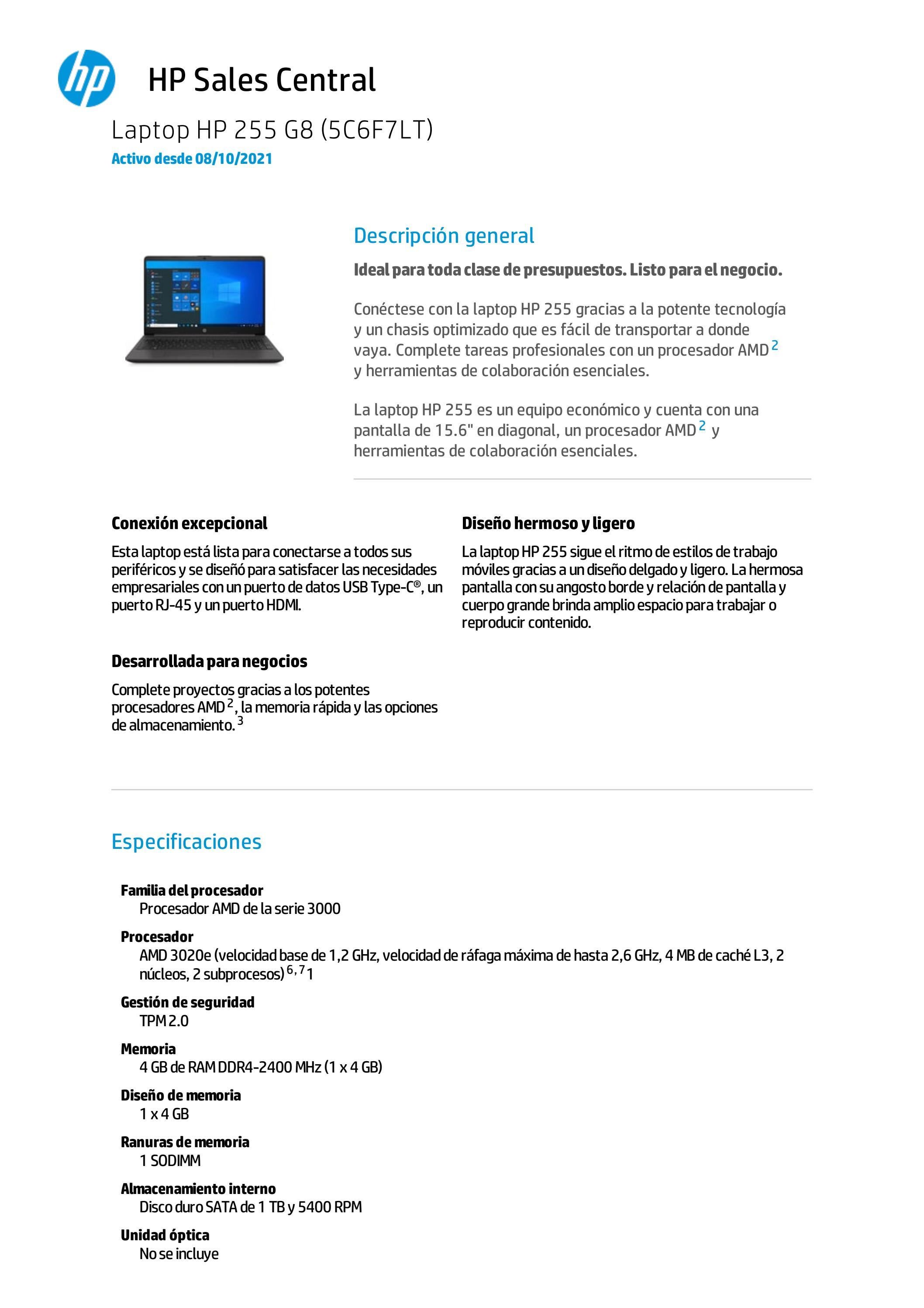 Laptop HP 255 de 15.6" Negro con 4 GB de Memoria RAM / 1 TB HDD ...